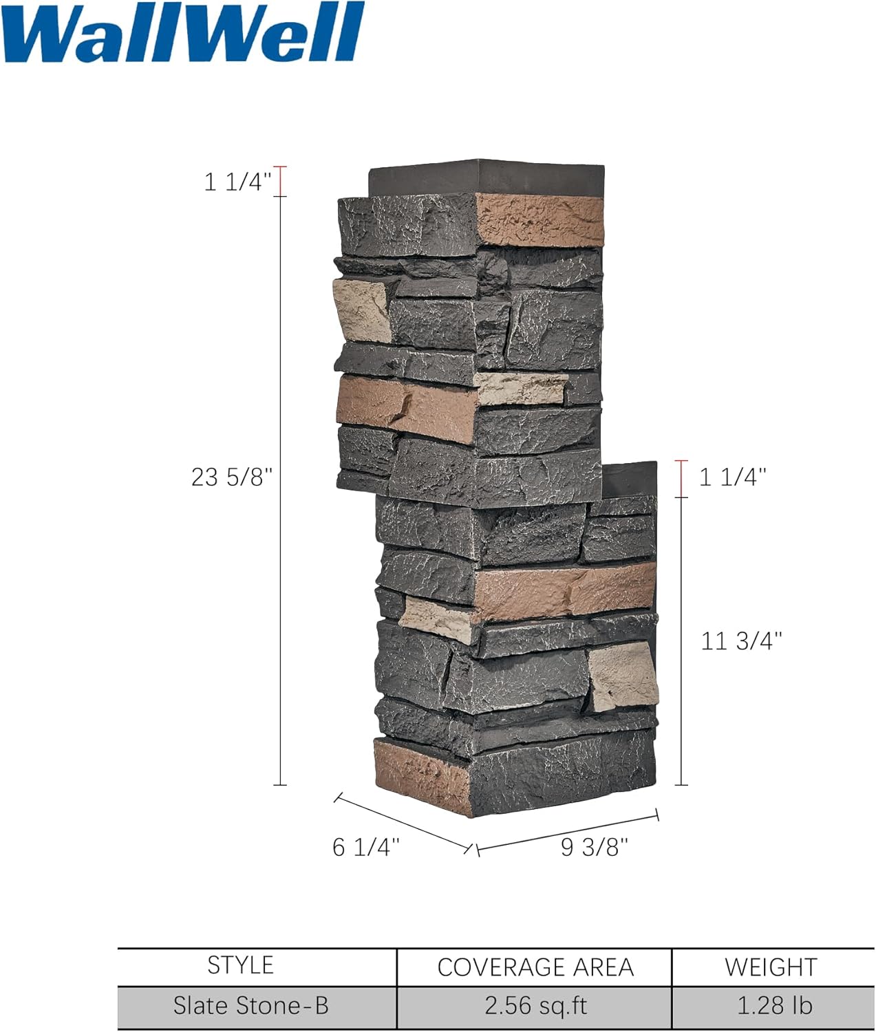 Iron Gray Faux Stone Outside Corner Panels 24.88" Interlocking Height Per Pair for Professional 90-Degree Wall Edge Finishing (6-Pack, 3 Pairs)