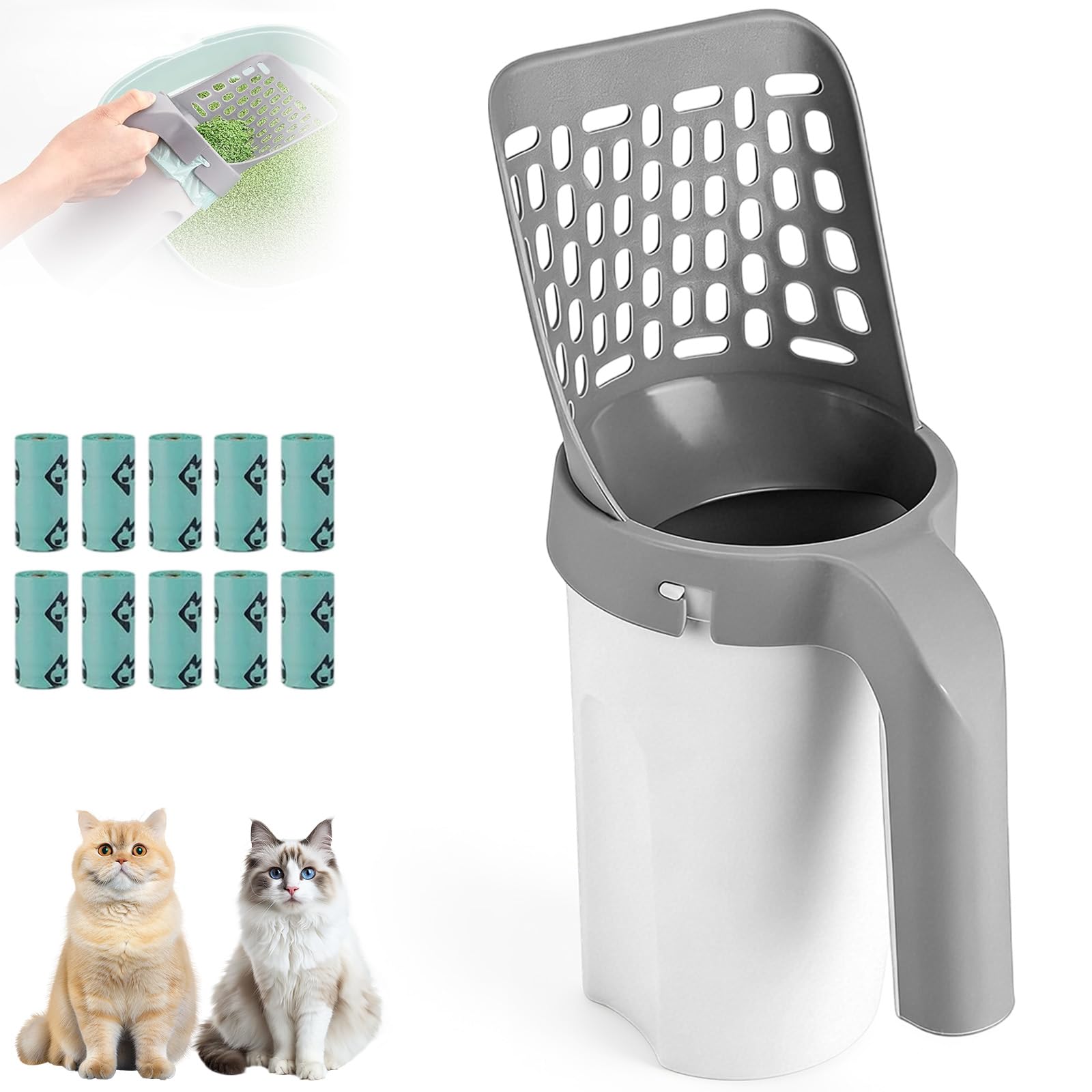 Pelle Litière Chat avec Support & Sacs Poubelles, Pelle Crottes Portable pour Animaux, Ramasse Déchets Gande Capacité, Accessoire pour Chat, Pelle Litiere Intégrée Multifonctionnelle