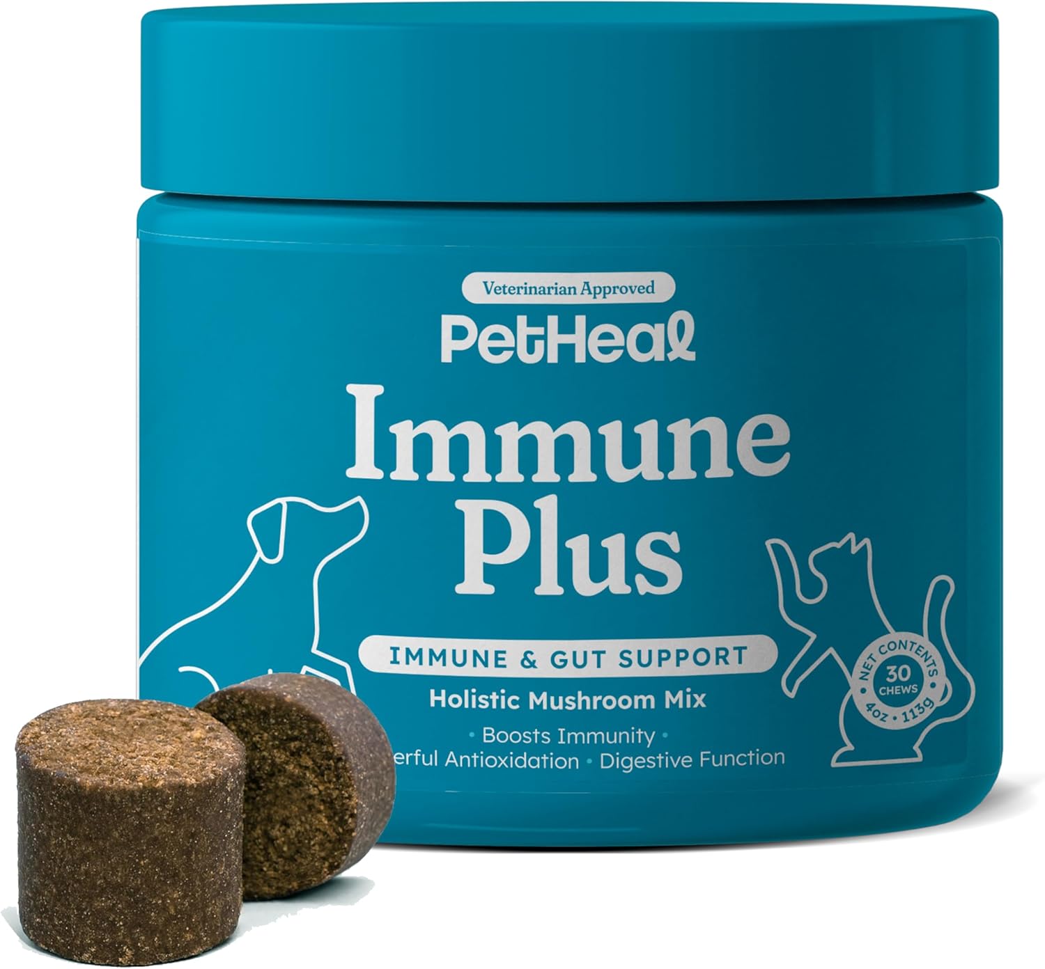 PetHeal Immune Plus Chews for Dogs – Vet-Reviewed – Supports Immunity, Energy & Liver Health with Turkey Tail, Reishi & Milk Thistle | Reduces Lumps & Promotes Shiny Coat | 30 Pork-Flavored Soft Chews