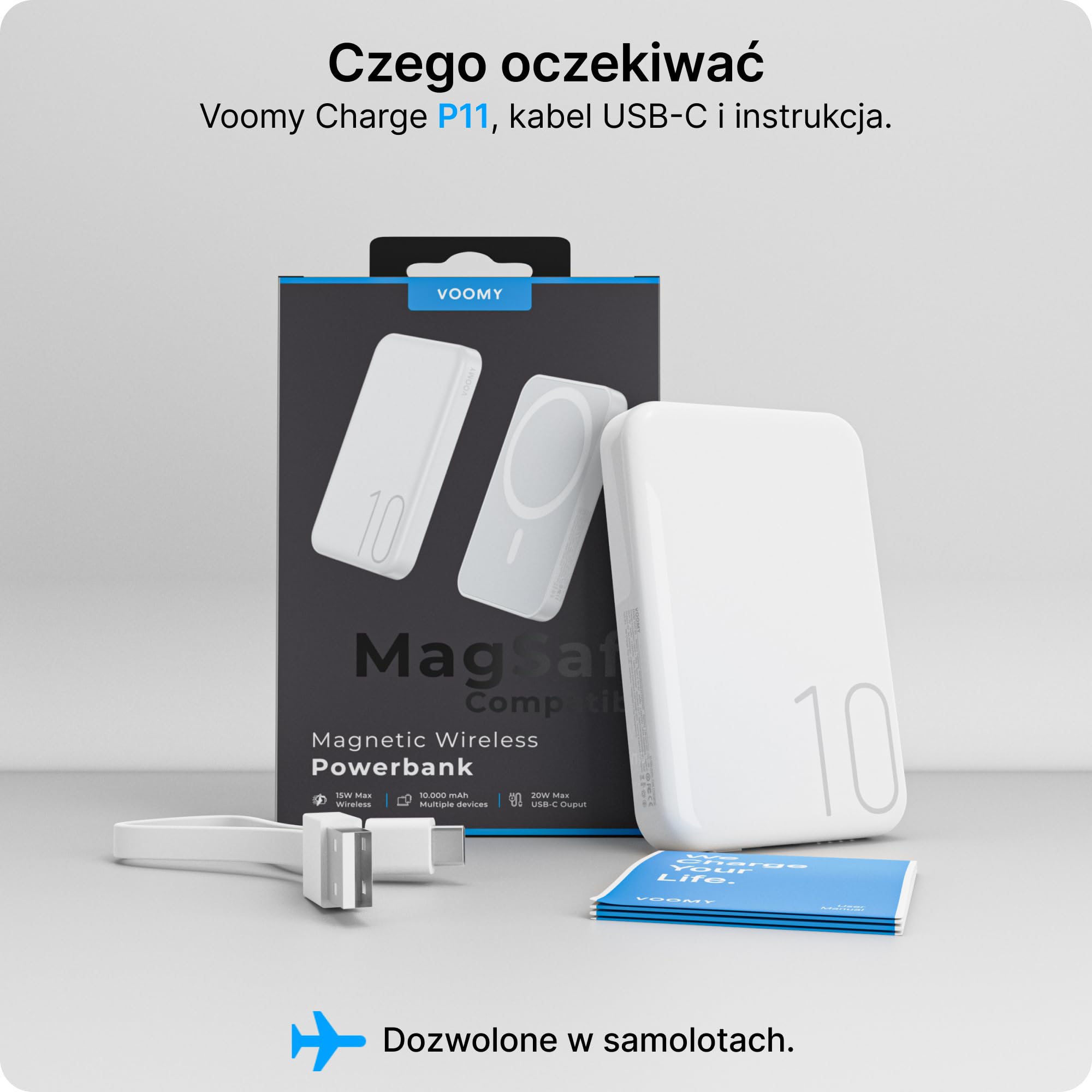 VOOMY Powerbank bezprzewodowy 10000 mAh, magnetyczny Powerbank z wejściem i wyjściem USB C, kompaktowy bezprzewodowy power bank, biały