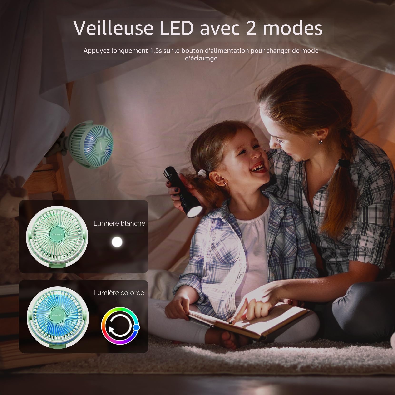 momcozy 8000mAh Ventilateur de Poussette Portable, Batterie de 27 Heures, Rotation Détachable à 4 Vitesses à 360 °, Veilleuse,Ventilateur de Rechargeable par USB,Voyage, Siège, Chambre (vert clair)