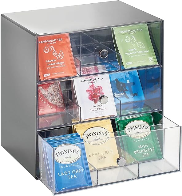 mDesign Storage Box for Teabags, Coffee Pods, Sugar and More  Plastic Tea Chest with 27 Compartments  Kitchen Organiser with 3 Drawers  Charcoal Grey/Clear