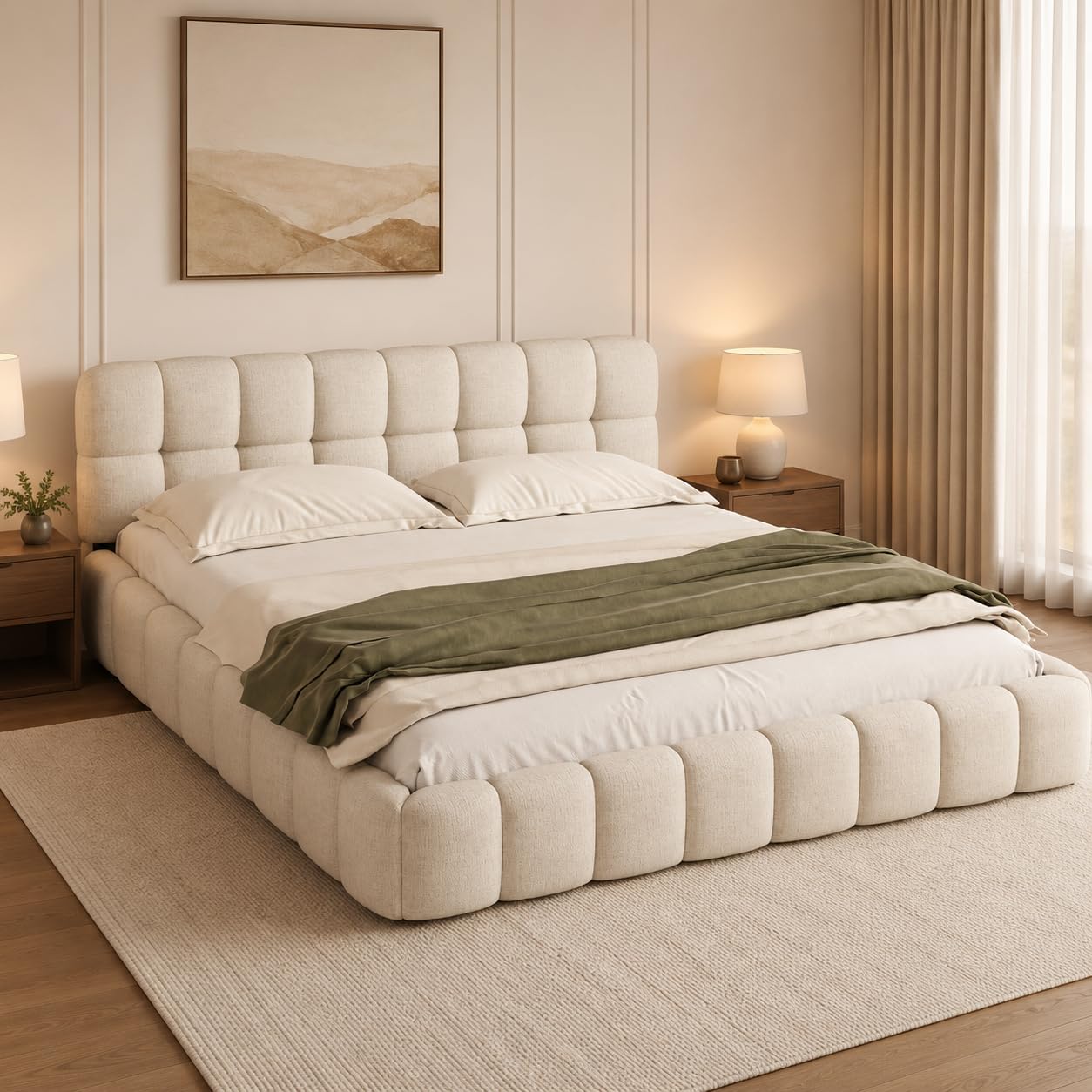 Letto Matrimoniale Imbottito 160x200, LETTO Imbottito, Letto Bubble con Rete a Doghe, Letti per 2 Persone, Letti per Adulti (Beige+Lino, 160x200)