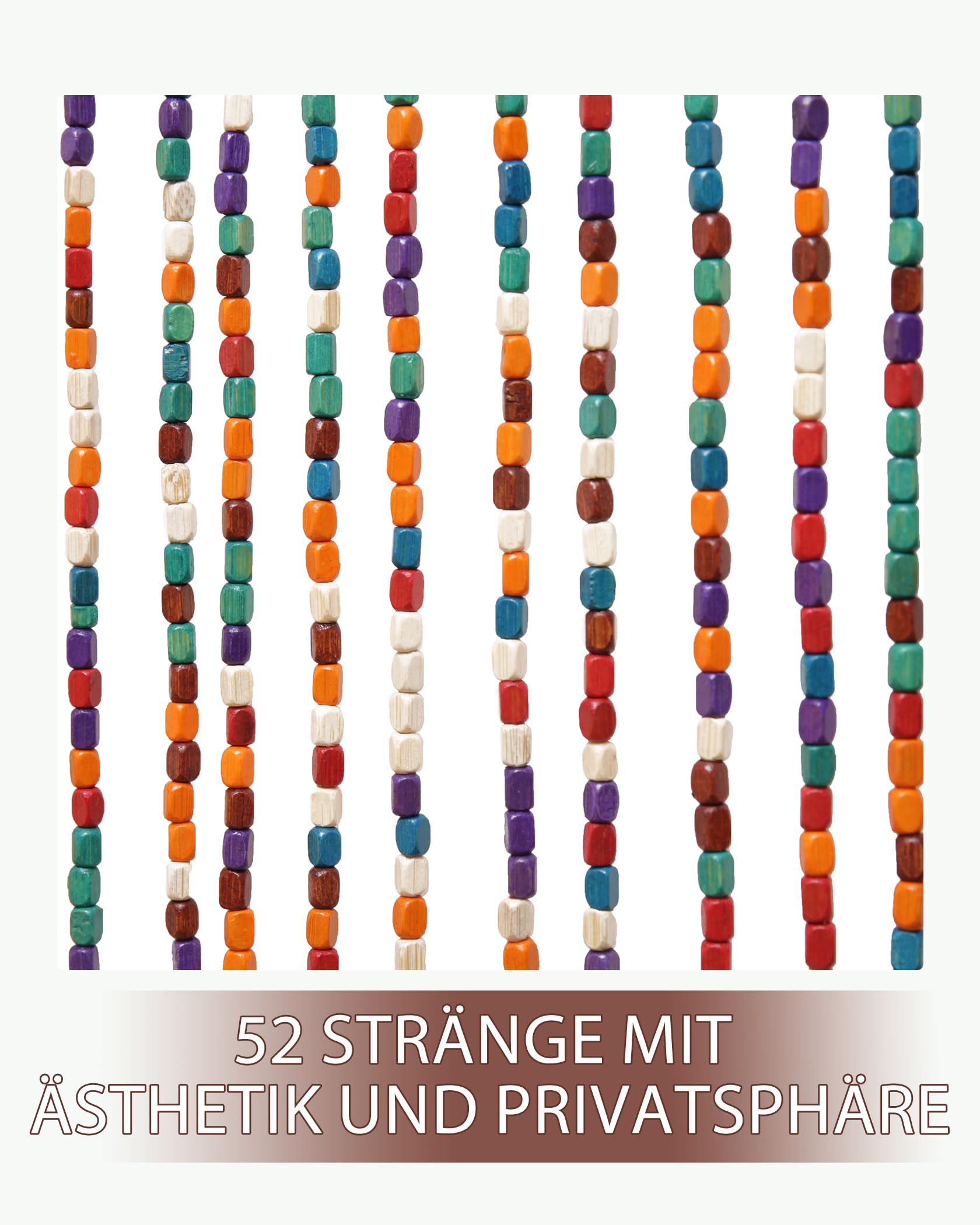 90 * 200cm Perlenvorhang Türvorhang 52 Stränge Bunt Holzperlenvorhang als Bohemian-Stil Dekoration und Insektenschutz, Handarbeit Perlenvorhang für Fenster, Tür, Zimmer