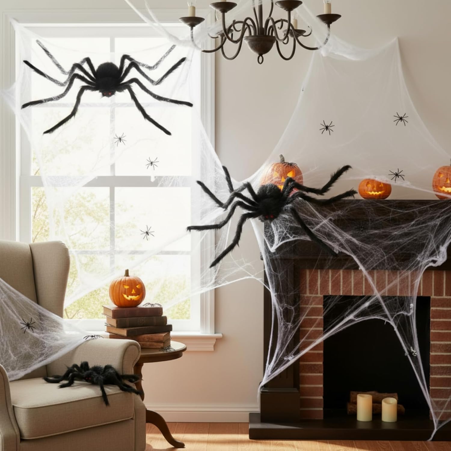 Soulchen 4 Pcs Halloween Giant Black Plush Spiders with 900 Sqft Cobwebs 30 Pcs Plastic Little Spiders for Halloween House Outdoor Yard Decorations (49", 30", 20")