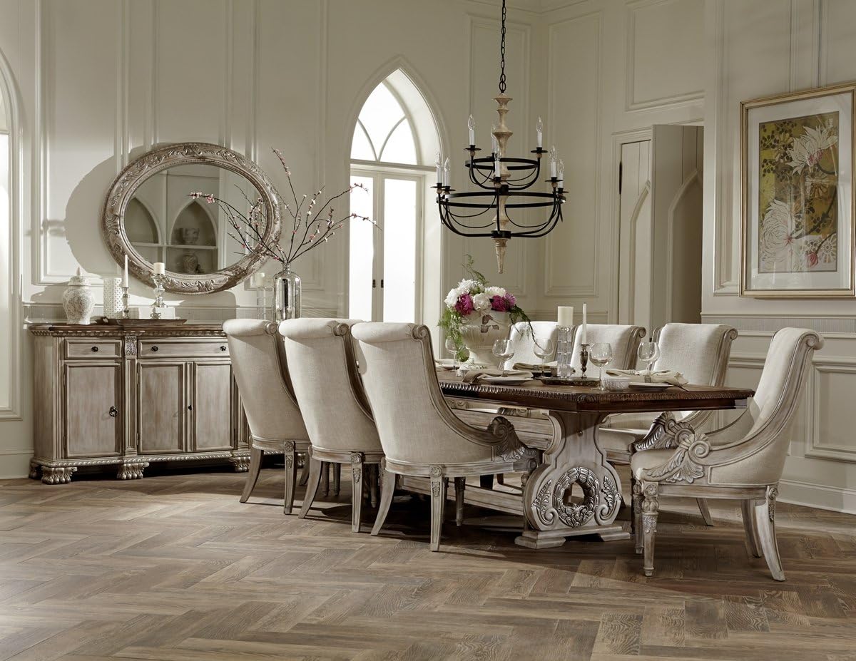 Chatelet French Country 9 Pice Trestle Formal Dining Set - White Washed with Weathered Brown Top