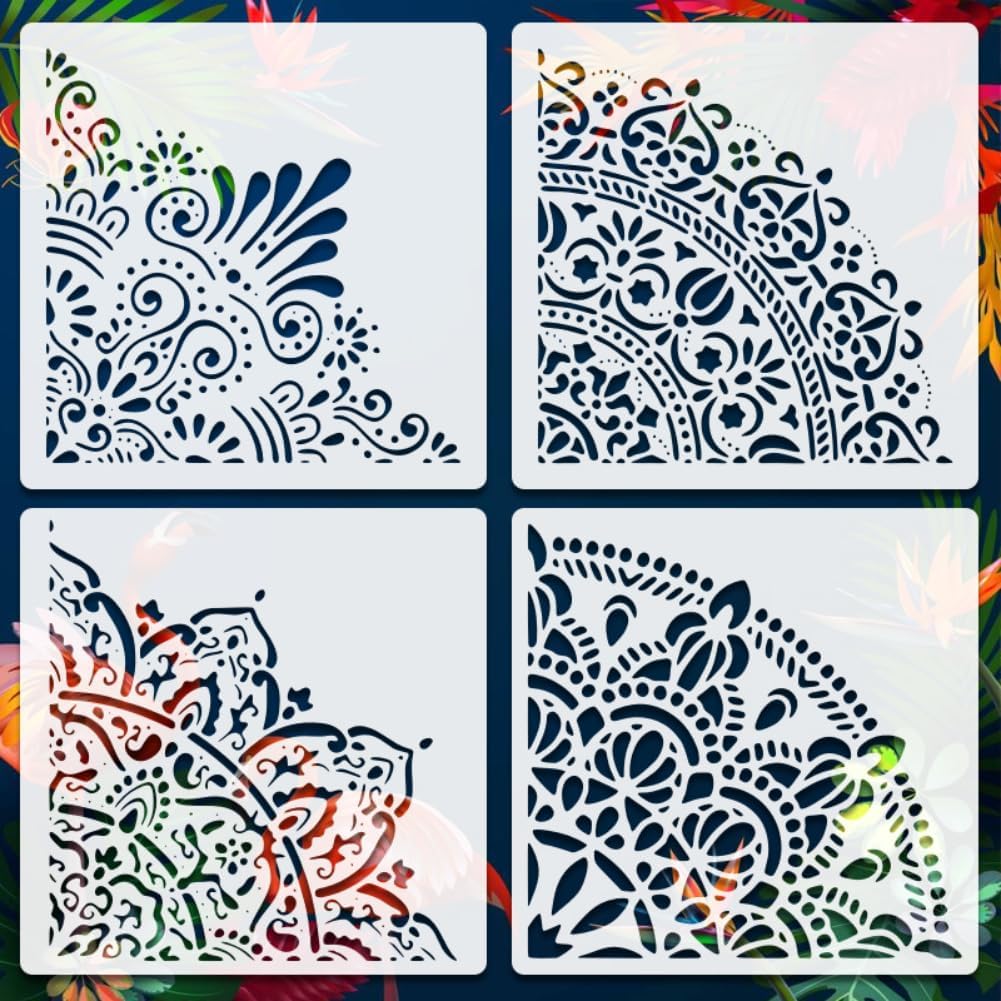 4-Pack Large Mandala Stencils 12 Inch - Reusable PET Plastic Painting Templates for Wall Art, T-Shirt, Wood, Tote Bag, Bohemian DIY Crafts & Home Decor