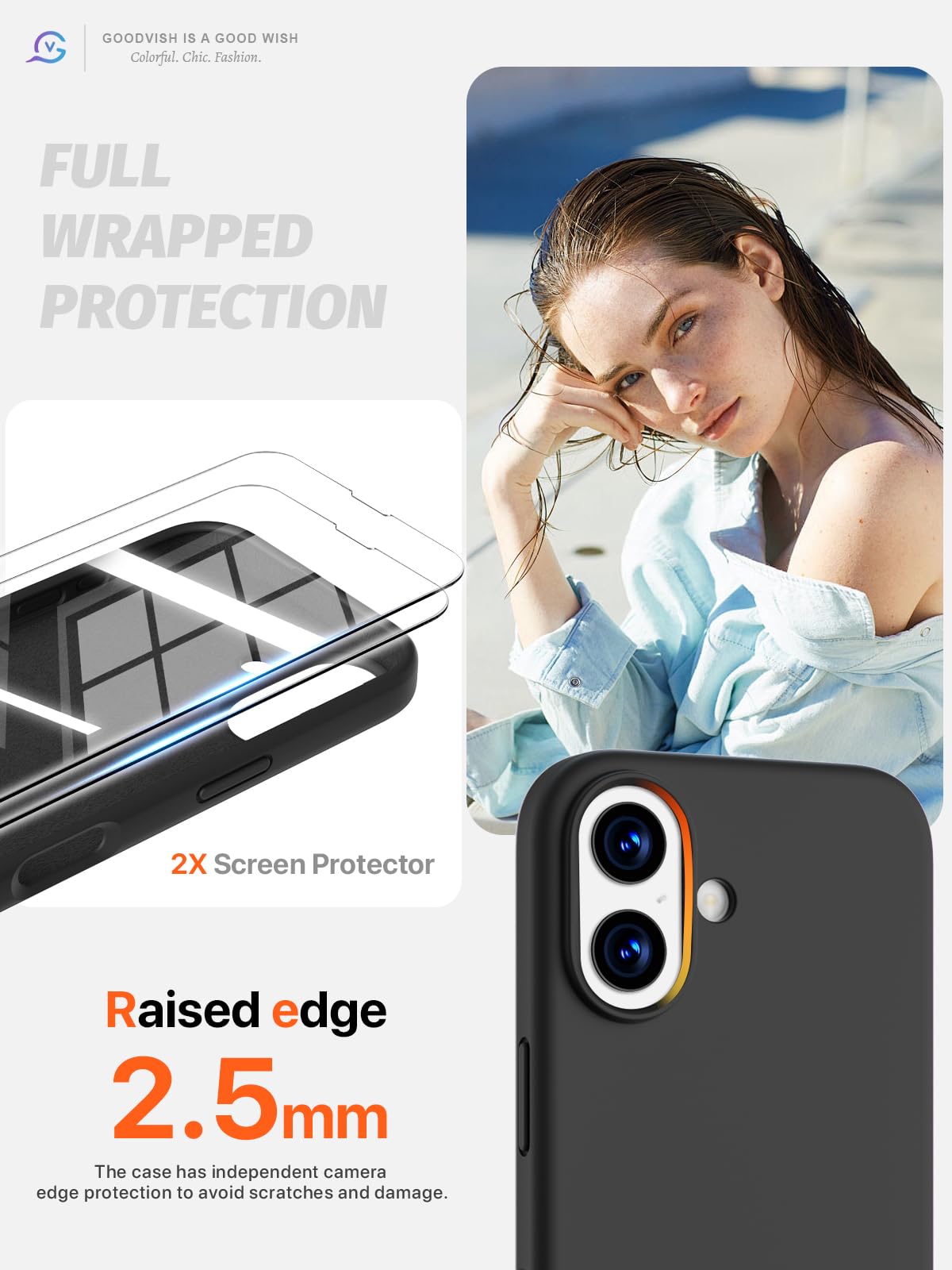 GOODVISH 3 in 1 Silicone Cover per iPhone 17 6.3", Custodia con 2 Pellicola Vetro Temperato [Protezione Fotocamera] 360° Protezione Anticaduta Case per Cellulare Antiurto Resistente, Nero