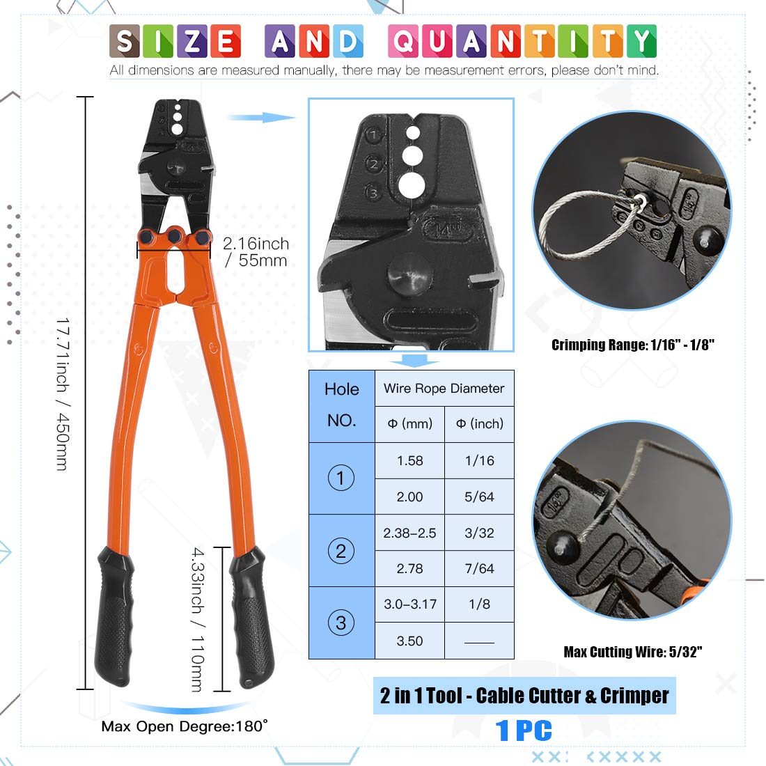 Glarks 132 pezzi 14" Long 1/16, 5/64, 3/32, 7/64, 1/8 inch Wire Rope Crimping Tool with Wire Rope Crimp Ferrules, Stainless Steel Cable Thimbles and Anti-Cutting Gloves