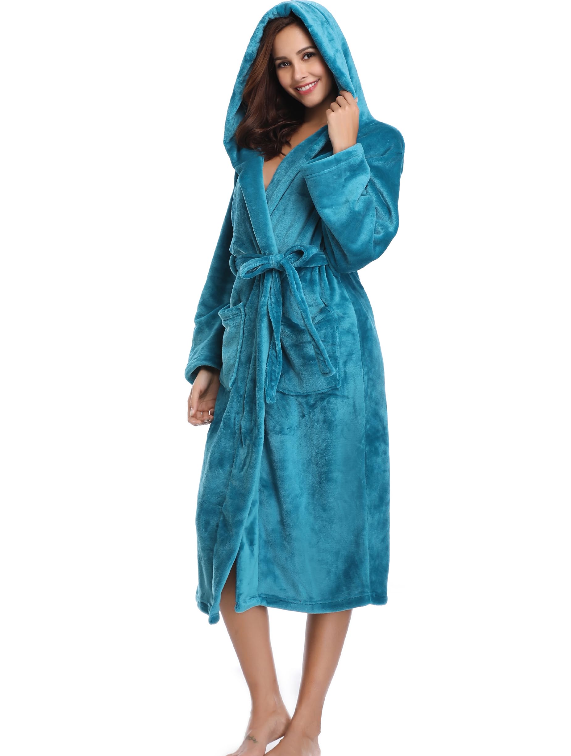 Vlazom Robe de Chambre Polaire Femme, Peignoir Polaire à Capuche Femmes Chaude et Doux Flanelle Pour Hiver Cadeau de Noël