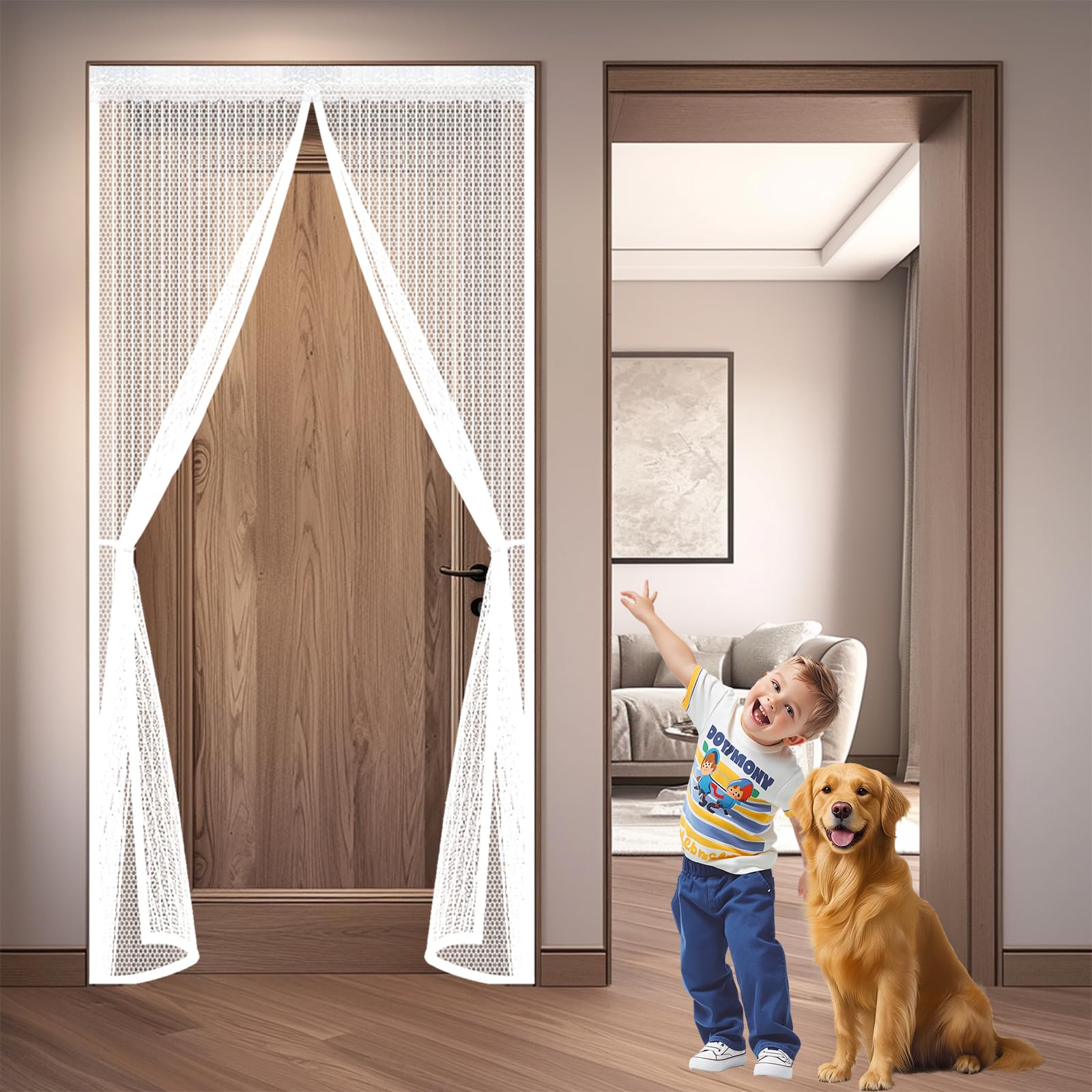 Fly Screen Door 180 x 195 cm Keep Bugs Out, Full Frame Magic Tape, Powerful Magnets, Self Sealing, No Drill Installation, Self-Sealing Bug Mesh for Patio Exterior Indoor Doors, White
