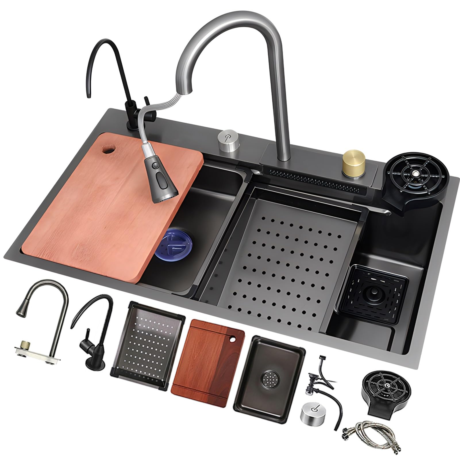 Lavello Da Cucina Multifunzionale In Acciaio Inox A Cascata, Lavello Da Postazione Di Lavoro Di Grande Capacità, Lavello A Vasca Singola Da Montare In Alto, Con Pomello Di Scarico E Accessori Completi