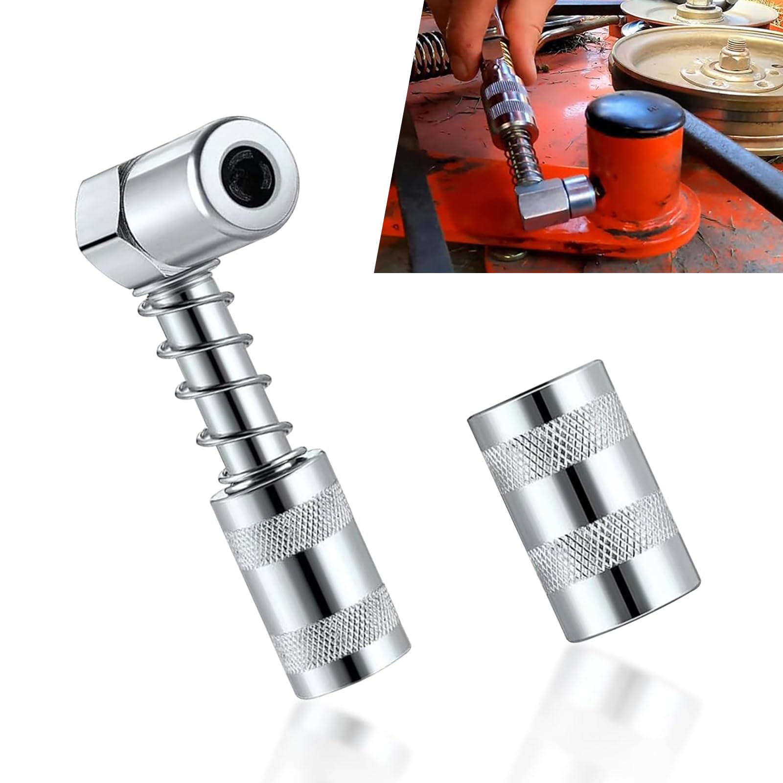 2 PCS Car Grease Nozzle Adapter, 1.3" x 3.04" 1/8NPT 90 Degree Stainless Steel Waterproof Vehicle Coupler Grease Installation Tool with Sleeve, Small Space Auto Coupler Accessory (Silver)
