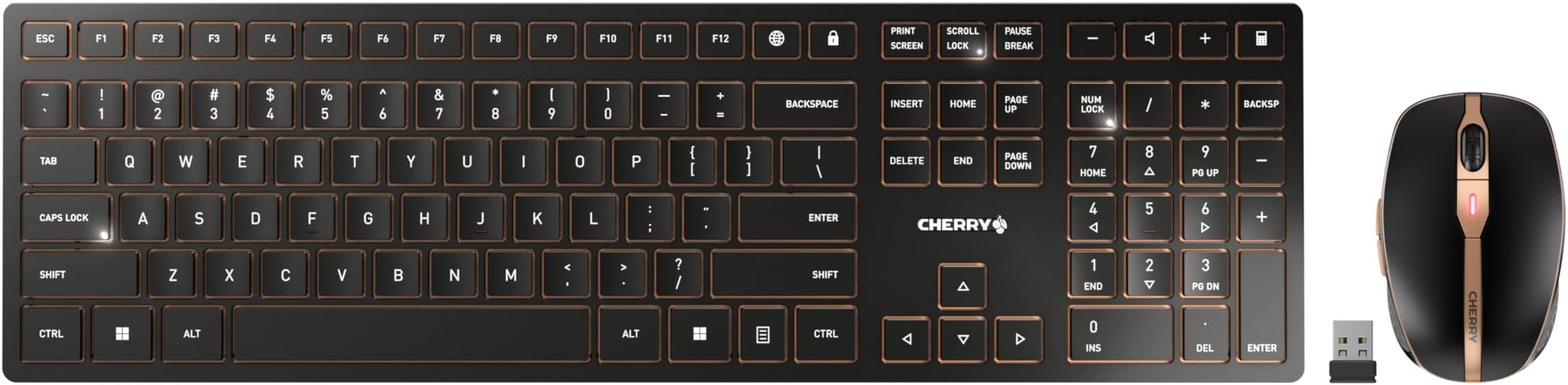 - CHERRY DW 9100 Slim, Wireless Keyboard and Mouse Set, Bluetooth & 2.4 GHz RF Connection, Quiet Keys, Comfortable Writing, Rechargeable, QWERTY, Black/Bronze