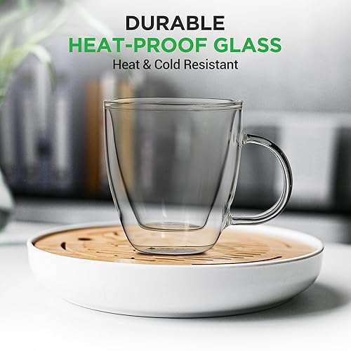 Vista 4 de NutriChef Tazas de café de 5.2 onzas (juego de 2), tazas de café de vidrio de doble pared para bebidas calientes y frías, tazas de café de vidrio