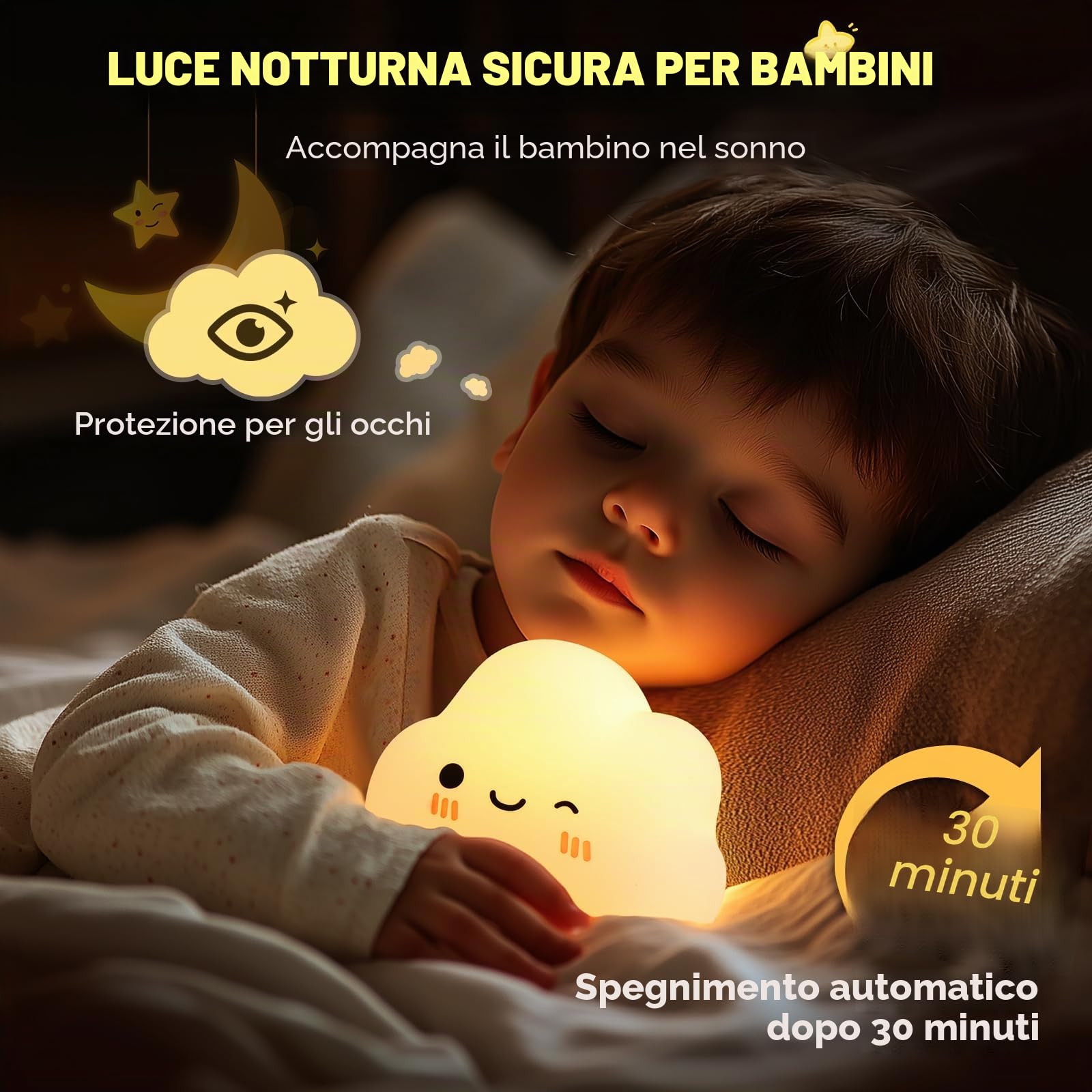 Diboniur Luce Notturna Bambini, Luce Notturna Neonato Ricaricabile, 7 Colori 3 Luminosità, Silicone Lampada Notturna per Bambini, Deco Cameretta Bambina (Nuvole)