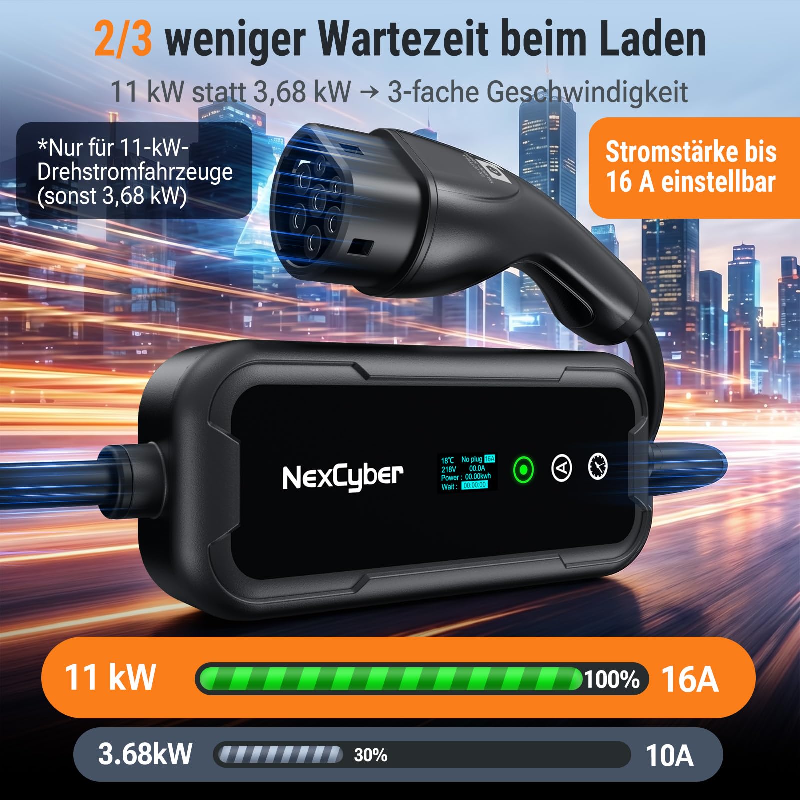 Mobile Wallbox 11kW mit App & OLED, 7,6m 3-phasig, 400V 8-16A einst., CEE-Stecker IP66+FI-Schutz, Ladegerät Typ 2 mit Schuko-Adapter, Wandmontage & tragbar, für Model 3/Y, ID.3, u.a. BEV/PHEV