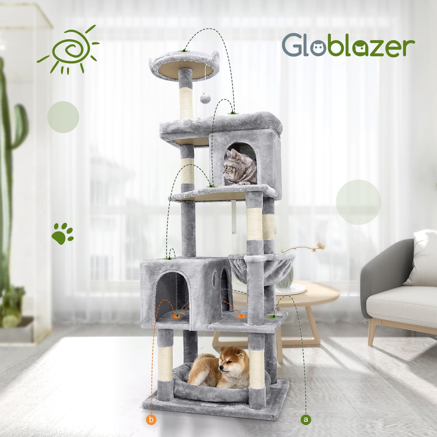 Globlazer Tiragraffi per Gatti Grandi, Castello per Gatto Alto 183 cm con Grotte Piattaforma Cesto Cuccia, Albero Gatti Stabile per Adulti Maine Coon Riposare Giocare Interno (S72, Grigio Scuro)