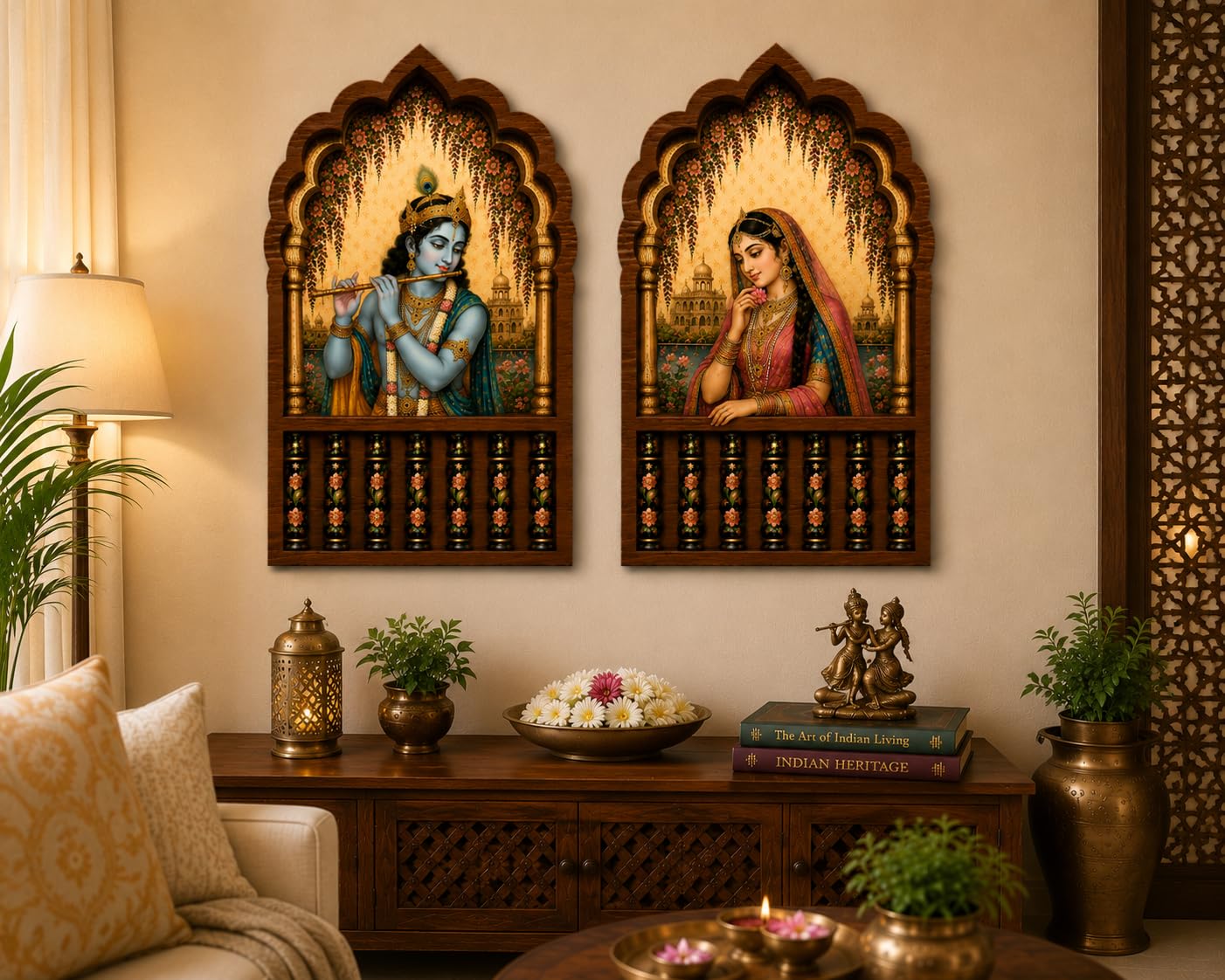 GLADTOGIFT Radha Krishna Jharokha Wooden Wall Decor Set of 2 | 12 x 16 Inch Traditional MDF Wall Hanging | Divine Krishna Flute & Radha Heritage Wall Art | Indian Temple Style Wall Decor for Living Room & Pooja Room-image-5