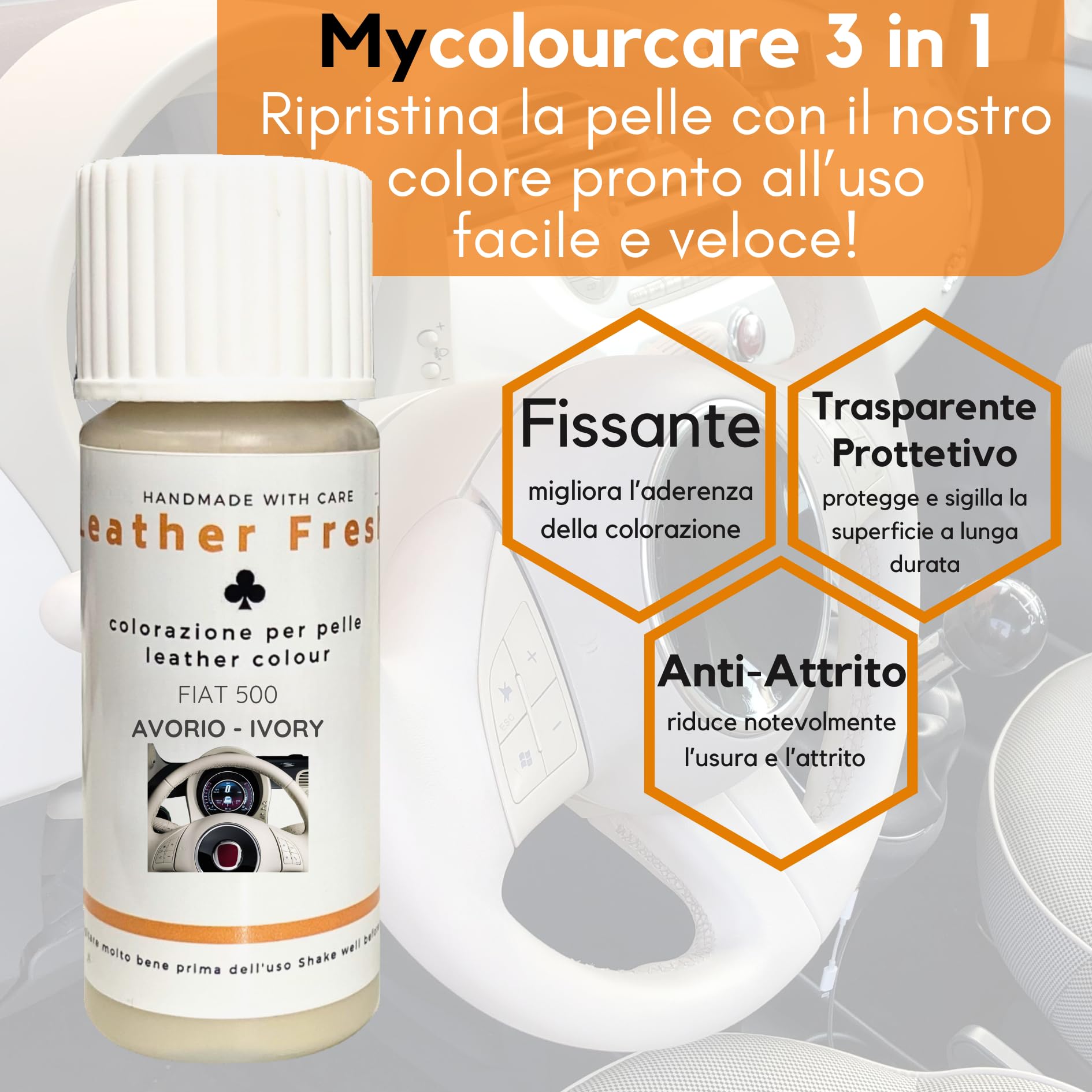 Mycolourcare Avorio Volante compatibile con Fiat 500 incluso Detergente Kit Completo Riparazione pelle similpelle facile applicazione fai da te