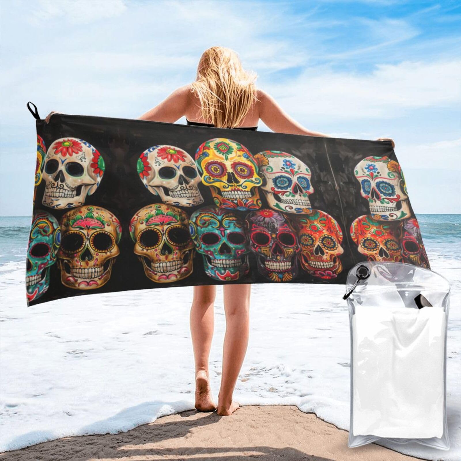 DIEzig Sugar Skulls Print Beach Towel Fast Dry Thin For Holiday Vacation Cruise Gym Swimmers