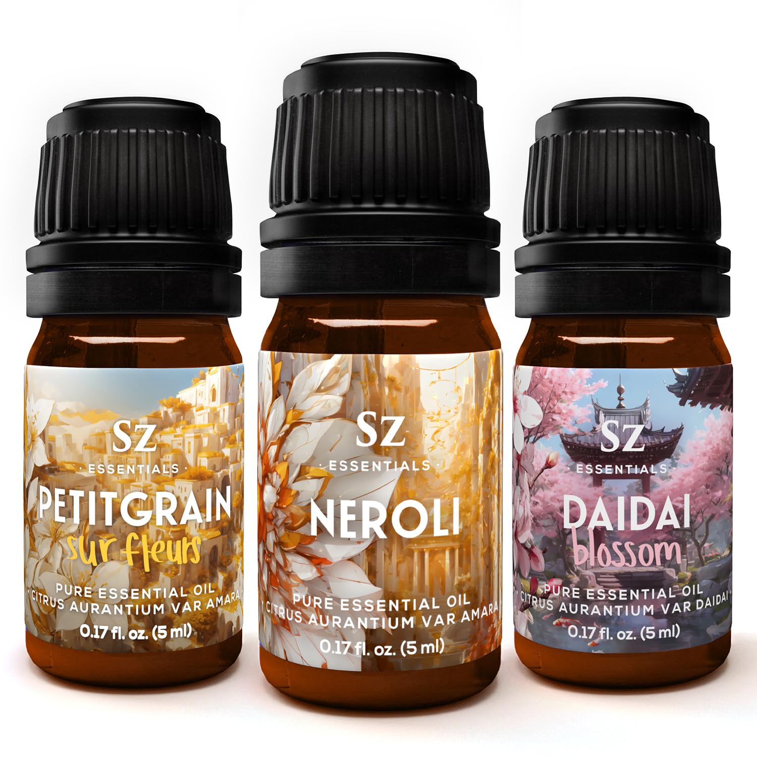 Neroli Soul Trip Essential Oils Collection- Neroli + Petitgrain Sur Fleurs + Dai Dai Blossom -Set of 3 Bottles (0.17 Fl Oz- 5ml each)- 100% Pure & Undiluted - Therapeutic Grade & Vegan