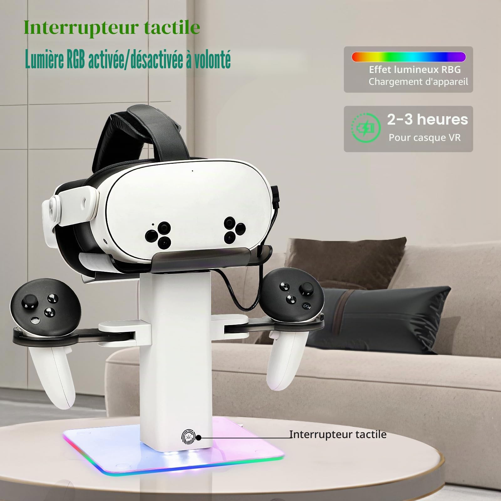 Design Station de Charge Compatible avec Meta Quest 3S/Quest 3 Accessoires,Support Vertical de Charge RVB, lumière LED inférieure et Tapis antidérapant (Blanc)
