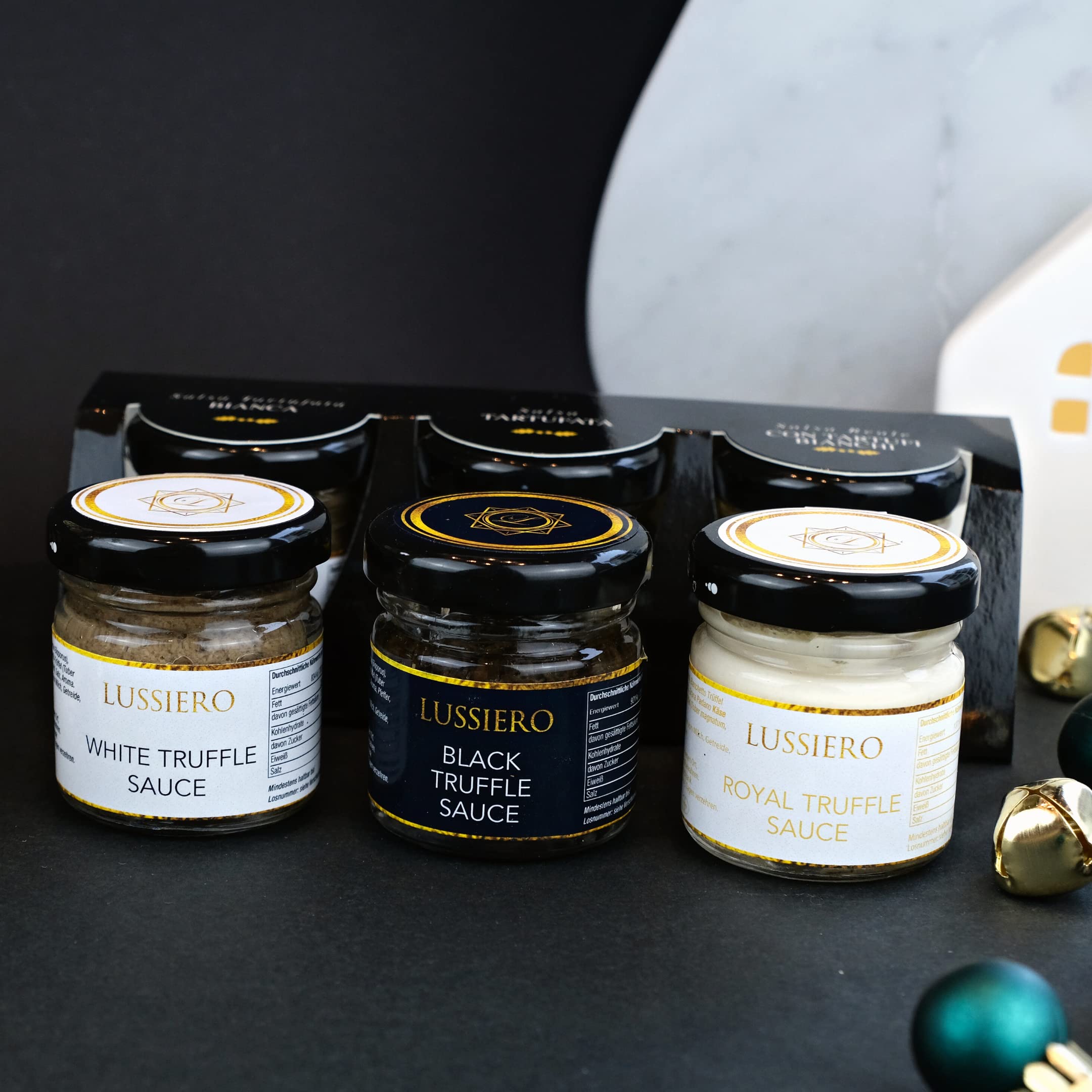 Lussiero Coffret Cadeau Truffes - Sauce à la Truffe Blanche Biancheto, Sauce à la Truffe Noire d'Été et Sauce à la Truffe Blanche Royale