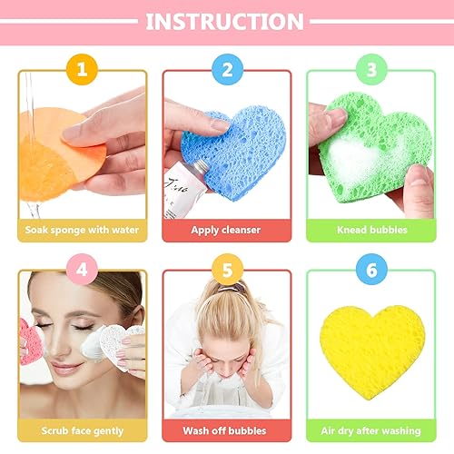 Miniatura 5 de Nuenen 60 esponjas faciales con recipiente, esponjas faciales comprimidas en forma de corazón, almohadillas de limpieza naturales para lavar la