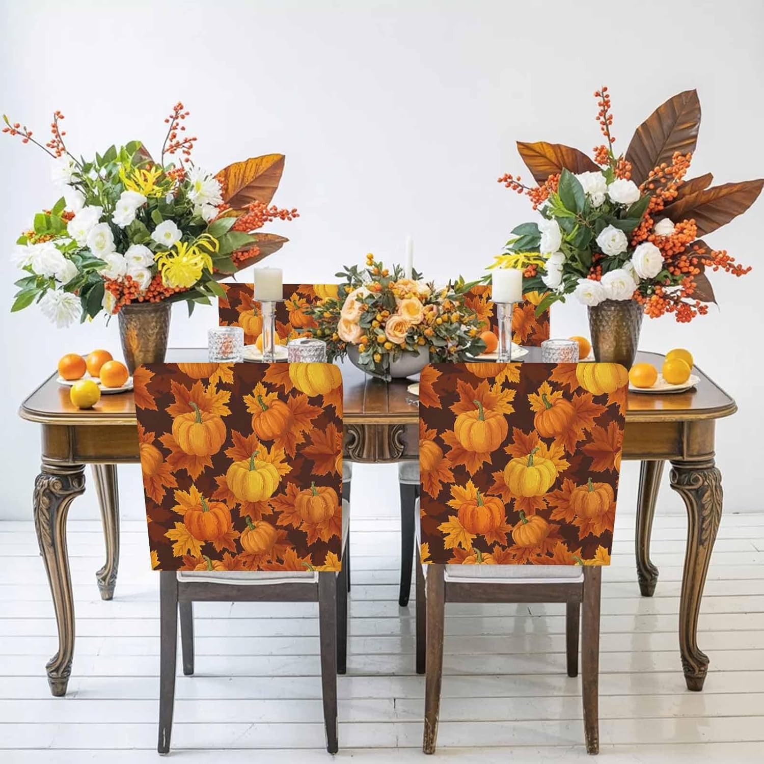 Fall Chair Covers Set of 4 Orange Harvest Pumpkin Chair Slipcover Protector Removable Stretch Chair Covers Autumn Maple Leaf Thanksgiving Chair Back Covers for Dining Chairs Kitchen Holiday Party