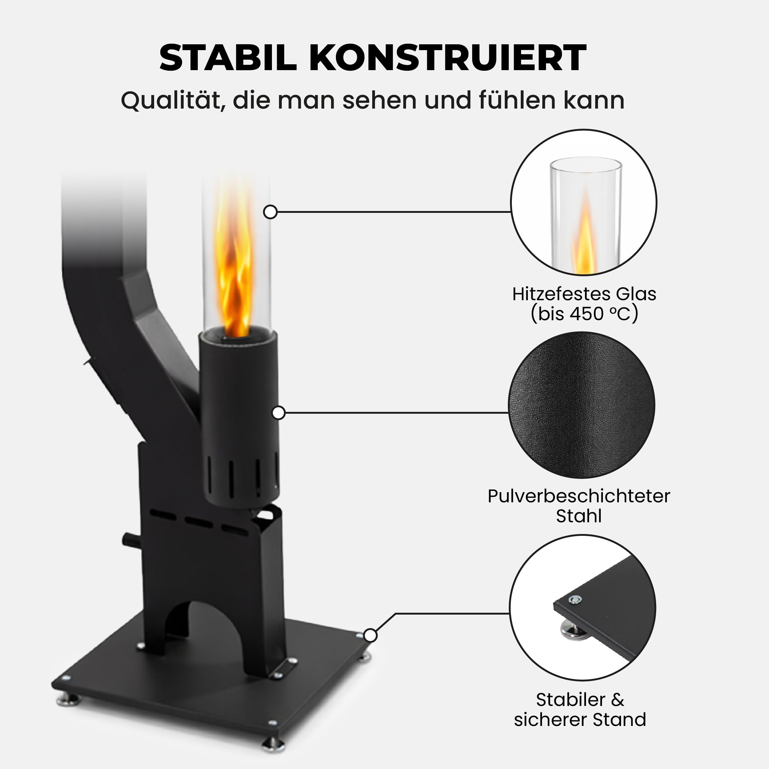 Lemodo Pelletfackel Prime XL, Feuersäule Outdoor mit Glasröhre, für Garten & Terrasse, für Holzpellets, stimmungsvolle Flamme, stilvoller Blickfang für gemütliche Abende (Prime XL)