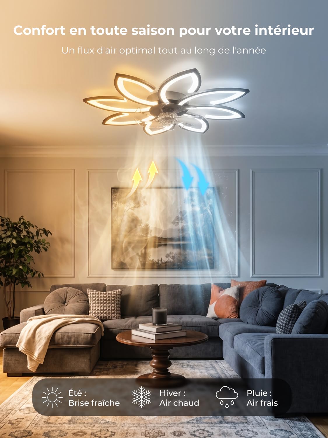 Ventilateur de plafond, 90 cm, très silencieux, à intensité variable, avec ventilateur, moteur DC, moderne, fonction été, hiver, pour chambre à coucher, cuisine, noir