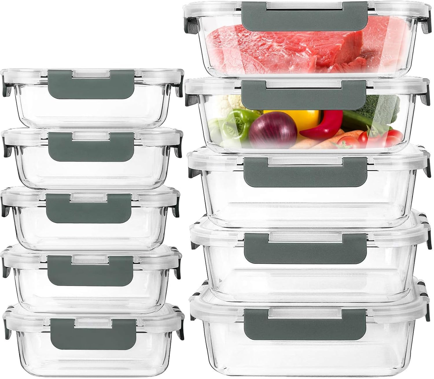 Eidoct 10-Pack Glass Meal Prep Containers with Lids - 1040ml & 400ml Airtight Food Storage Containers | Lifetime Locking Lids, Leakproof, Microwave/Oven/Freezer/Dishwasher Safe (Gray)