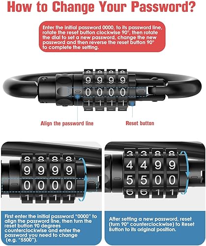 Miniatura 6 de Cerraduras de combinación, clips de mosquetón resistentes, código ultra grande en forma de D, bloqueo combinado para cable de seguridad de bicicleta