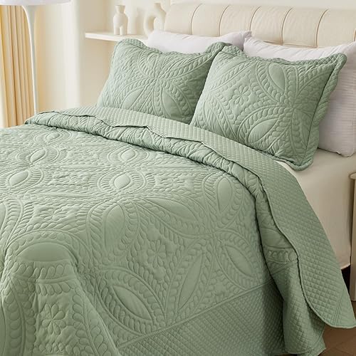 Miniatura 3 de Cmfshape Colcha tamaño King de 106 x 96 pulgadas, edredón de 3 piezas King con 2 fundas, juego de edredón ligero verde salvia para todas las