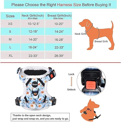 Miniatura 2 de Petmolico Arnés floral y correa para perro, arnés de forro polar para perro con 2 clips para correa y asa de fácil control para perros pequeños,