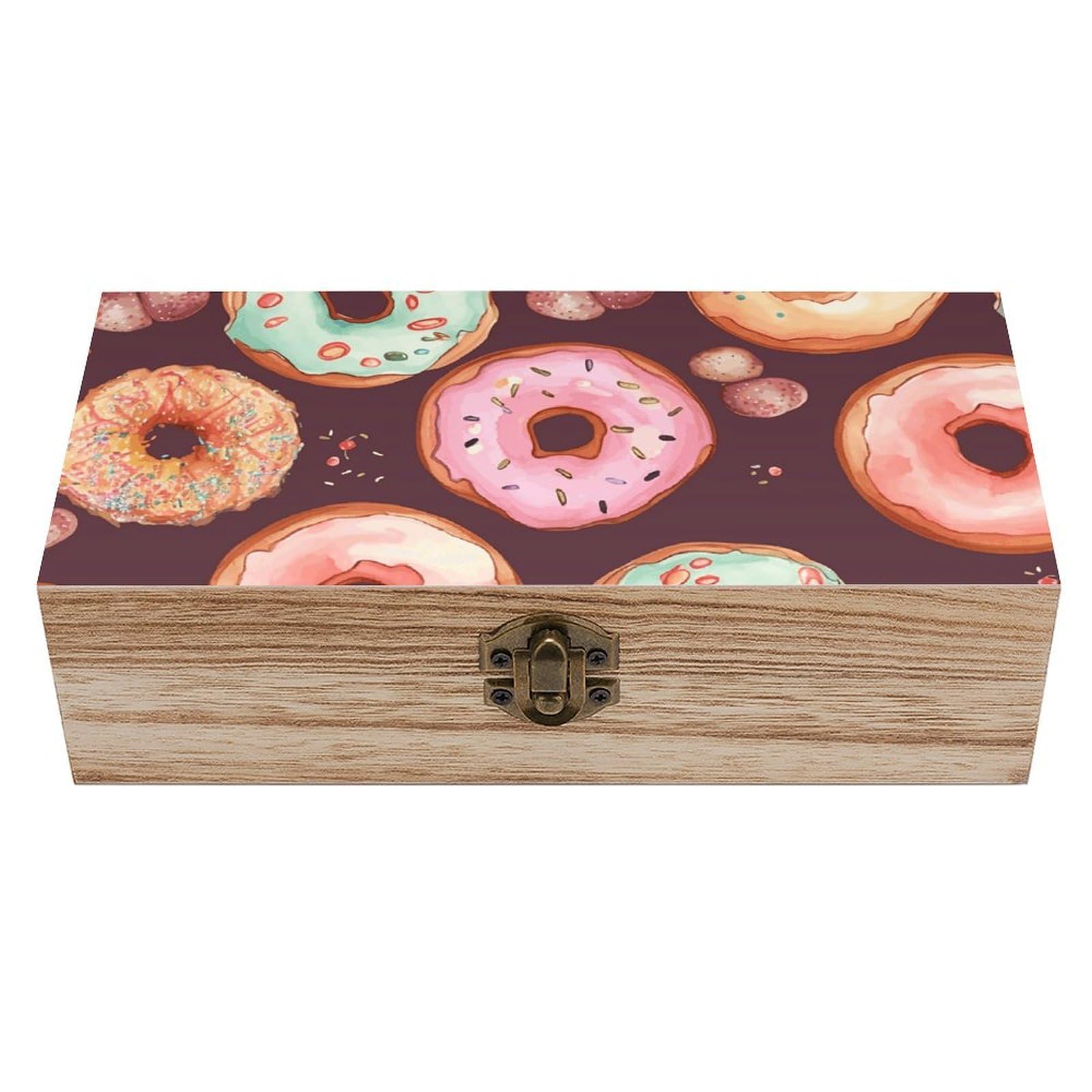 Wooden Storage Box Pretty Donuts Wood Gift Box with Hinged Lid Vintage Decorative Jewelry Boxes Memory Box for Jewelry Art Hobbies Home Storage Treasure Keepsake Gift 7.9''x3.9''x2.3''