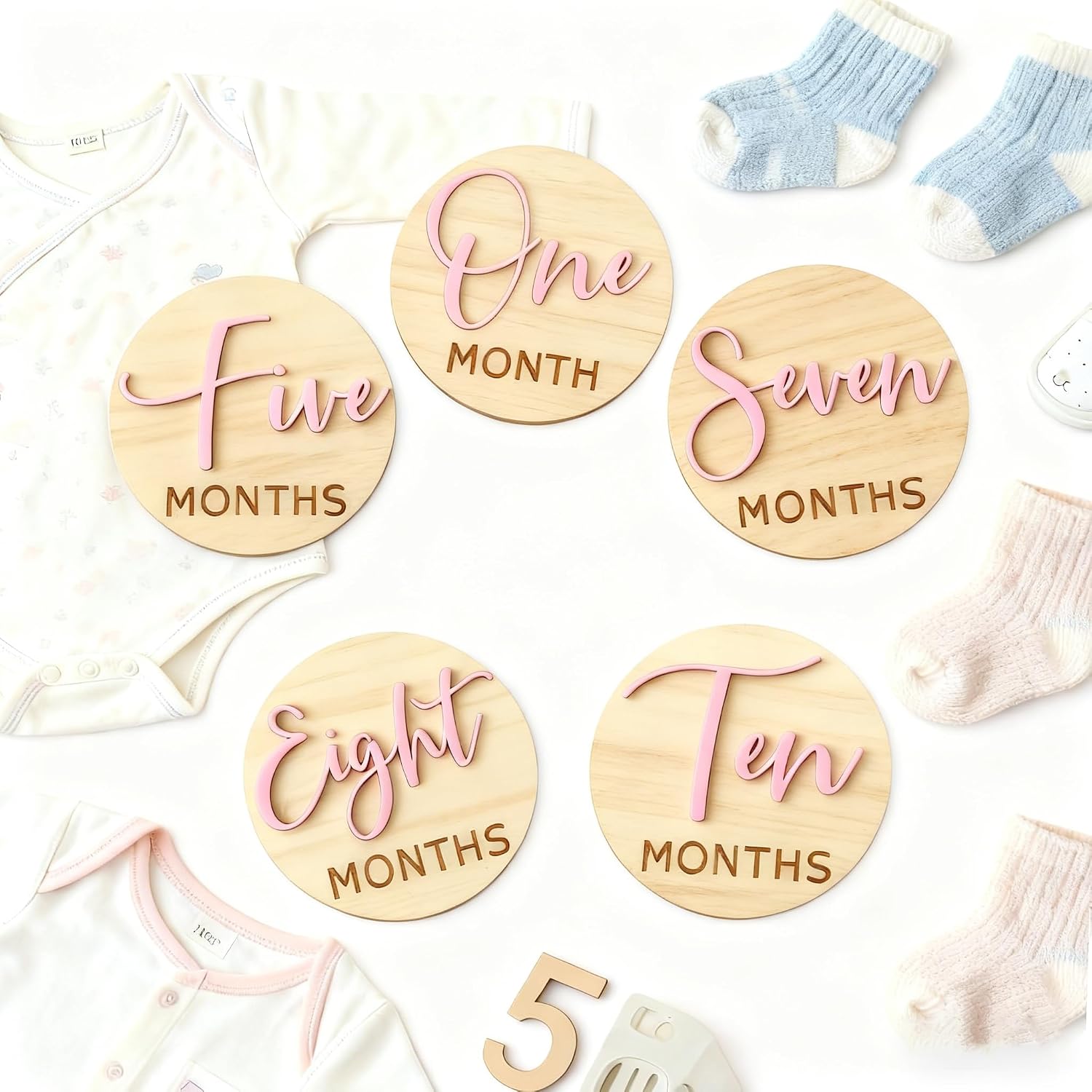 Baby Monthly Milestone，Wooden 3D Milestone Signs for Photo Props, Double Sided Baby Announcement Sign for Newborn, 6 Packs 1-12 Months