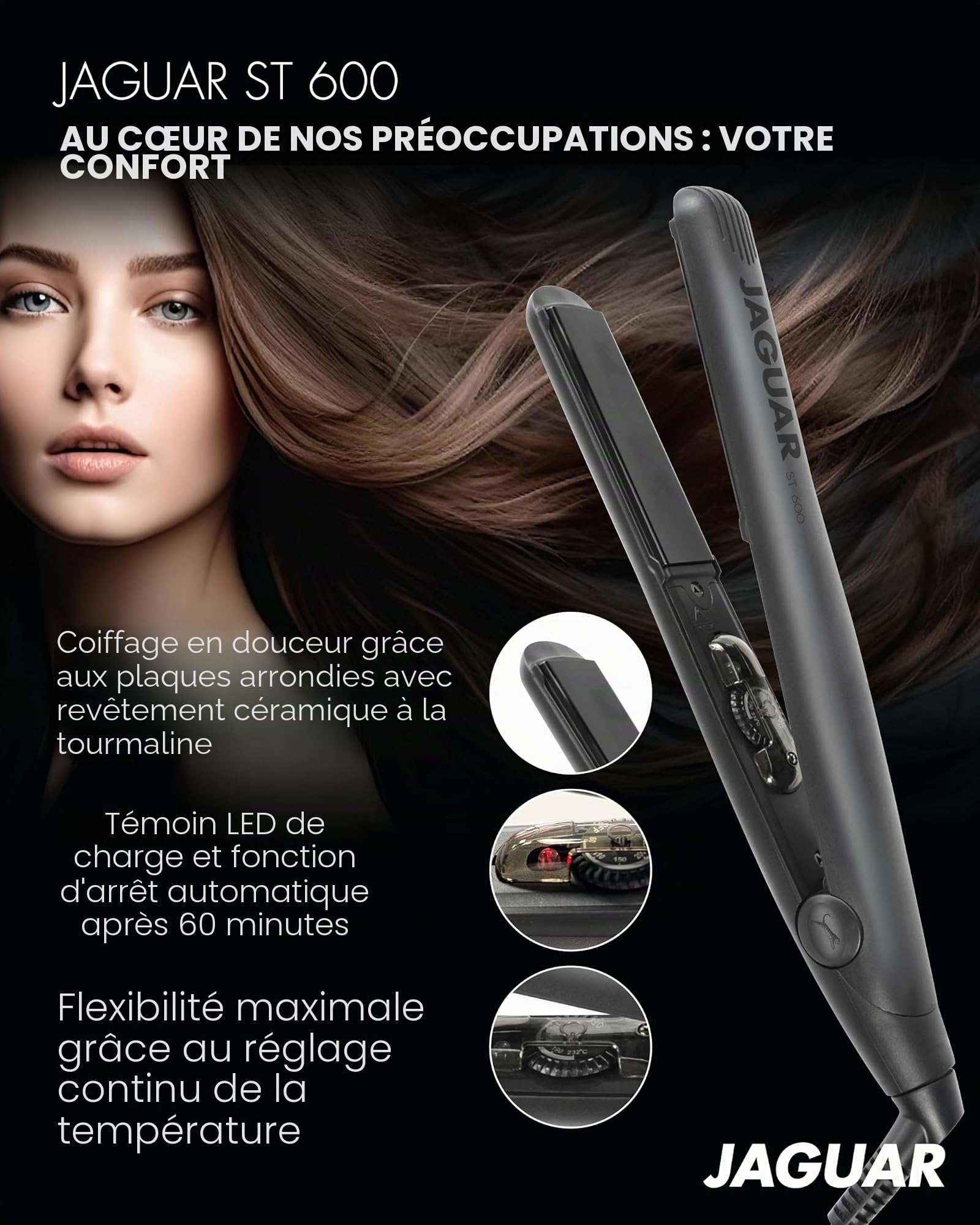 JAGUAR Fer à lisser ST 600 Black | Lisseur avec réglage continu de la température | Plaques chauffantes arrondies & montées sur ressorts pour lisser & boucler | par un professionnel pour toi