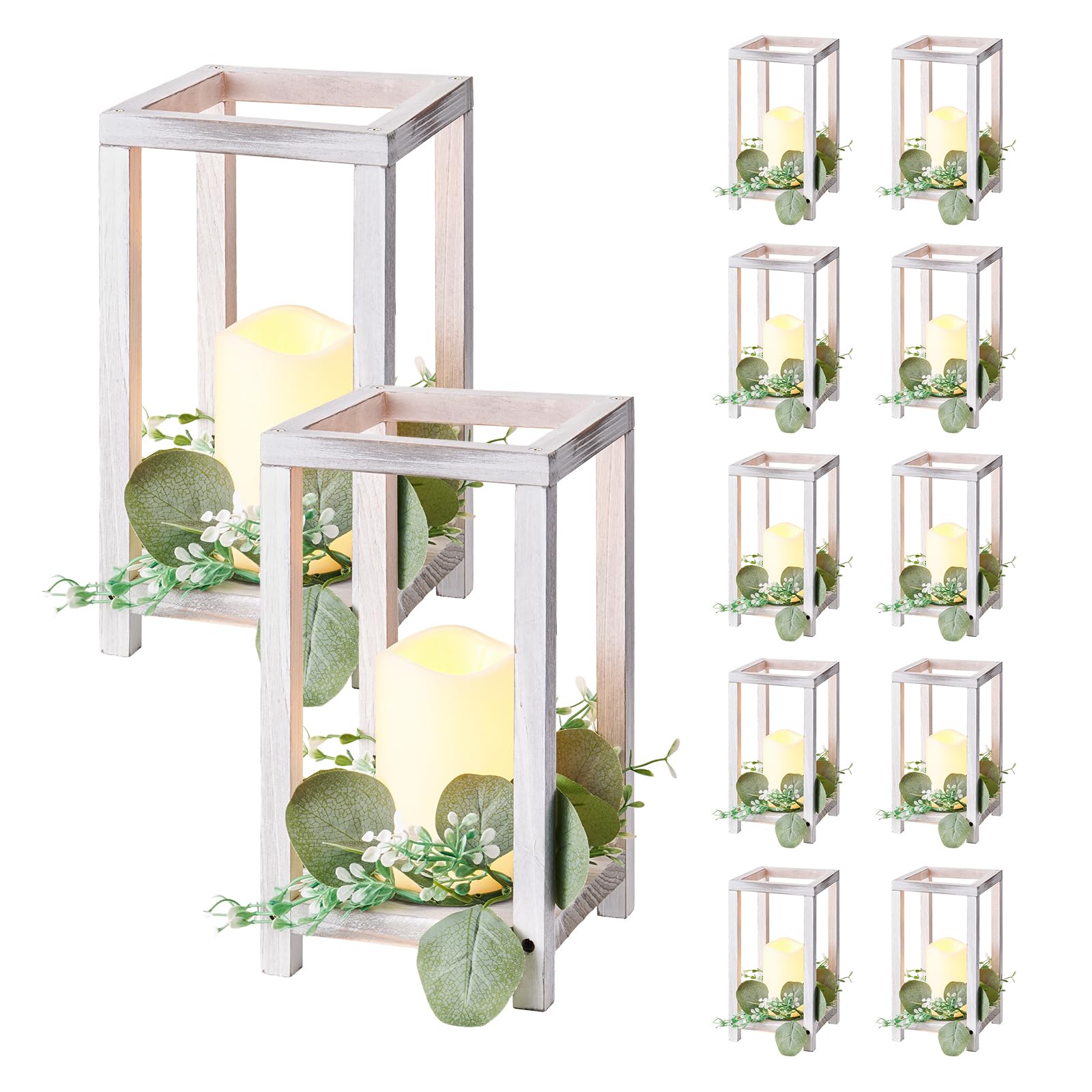 VEVOR Lanterne de Mariage en Bois, Lot de 12, Lanterne Décorative avec Bougies LED sans Flamme, Couronnes de Fleurs Artificielles, pour Centre de Table de Mariage, Fête, Décoration Intérieur, Blanc