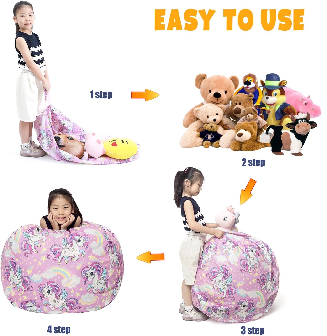 LOLOMLO Stuffed Animal Storage Bean Bag Chair Cover, Hold Kids Plush Toys Blankets Towels Beanbag (Cover Only), Canvas Floor Circle Stuff Sit Seat Sofa with YKK Zipper, Large 32", Unicorn