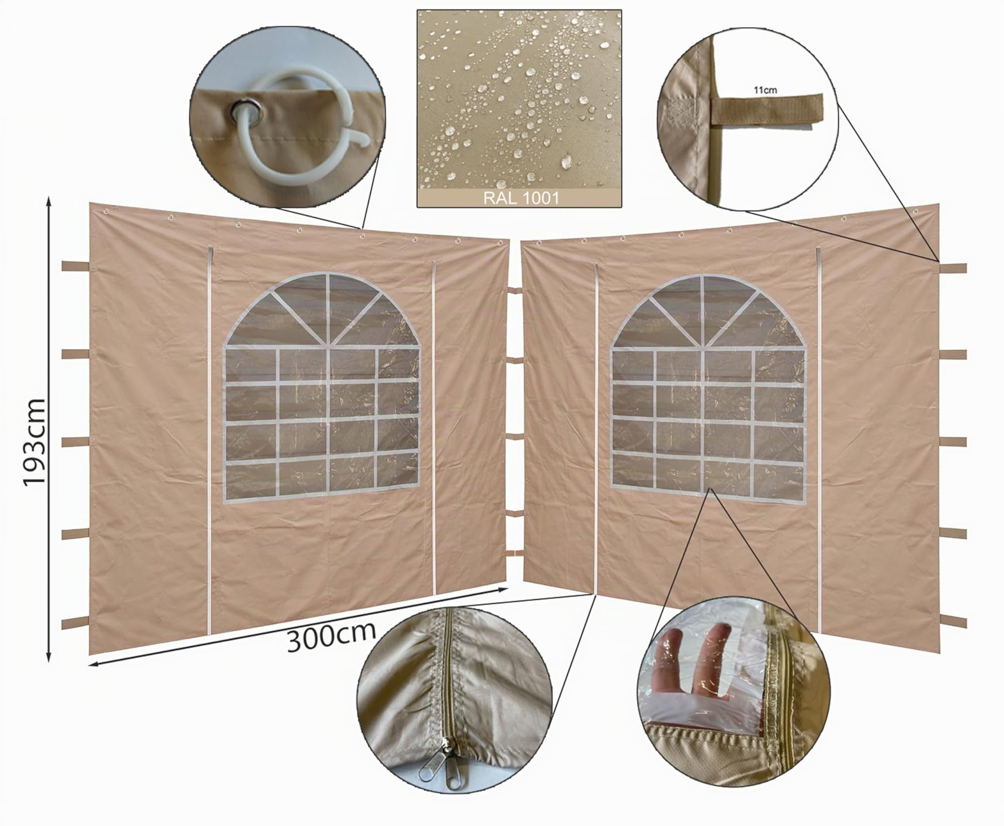 Quick-Star 2 pareti Laterali con Finestra in PVC 300 x 195 cm per Gazebo Sahara 3 x 3 m Parete Laterale Sabbia