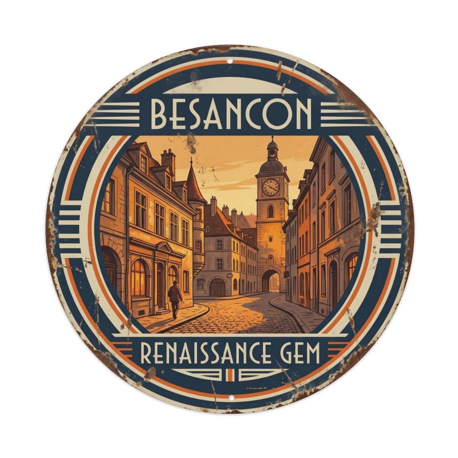 Fqcyn Style Vintage Travel Besancon France Historic Metal Tin Sign Plaque Wall Decor For Cafe, Club Bar, Office, Home Garden Round Metal Poster 8X8inch