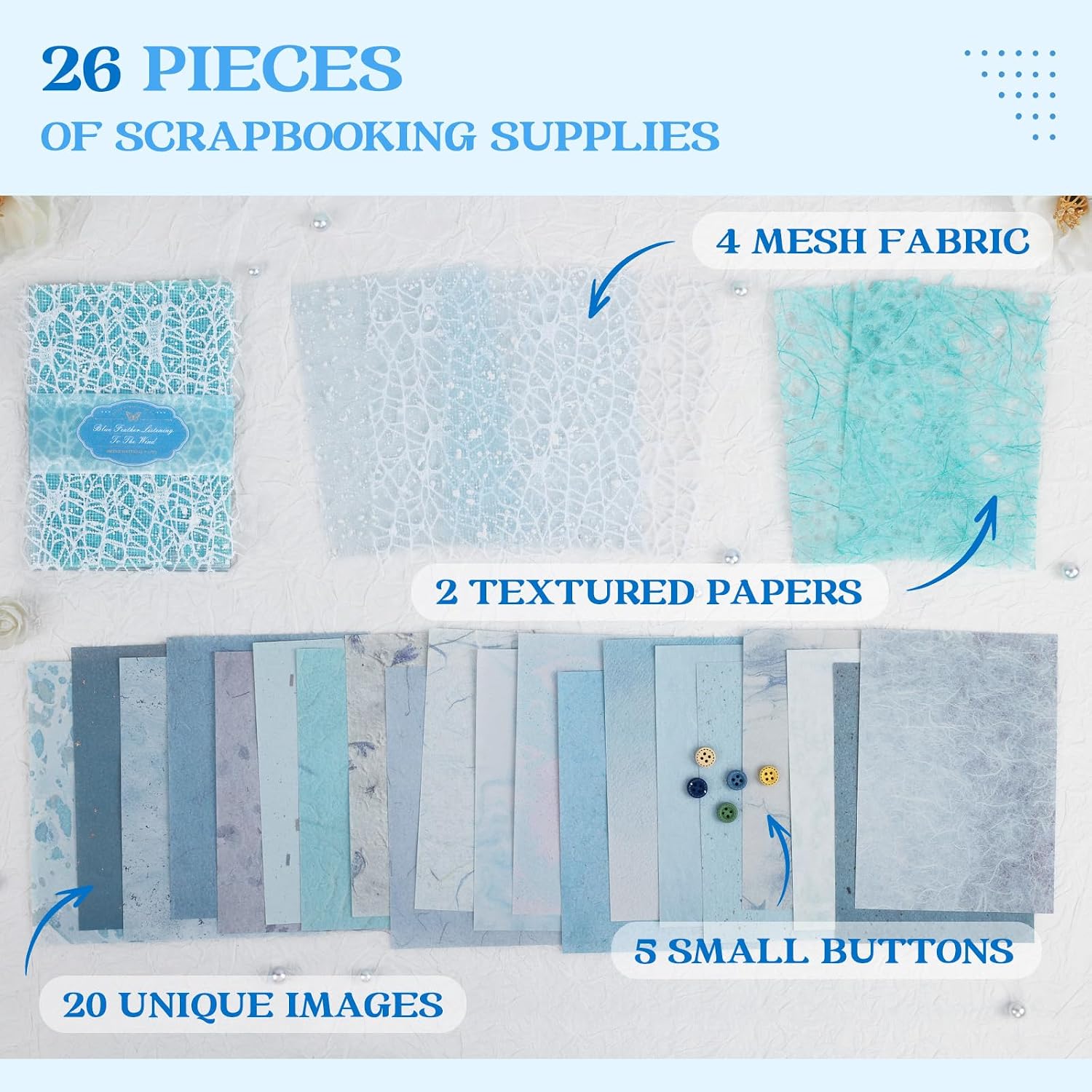 Dizdkizd Blue Scrapbook Paper and Mesh Fabric Bundles, DIY Craft Supplies for Journaling, Themed Album, Boy's Projects, Birthday Decor, 4.0 × 5.5 Inches, 26 Sheets