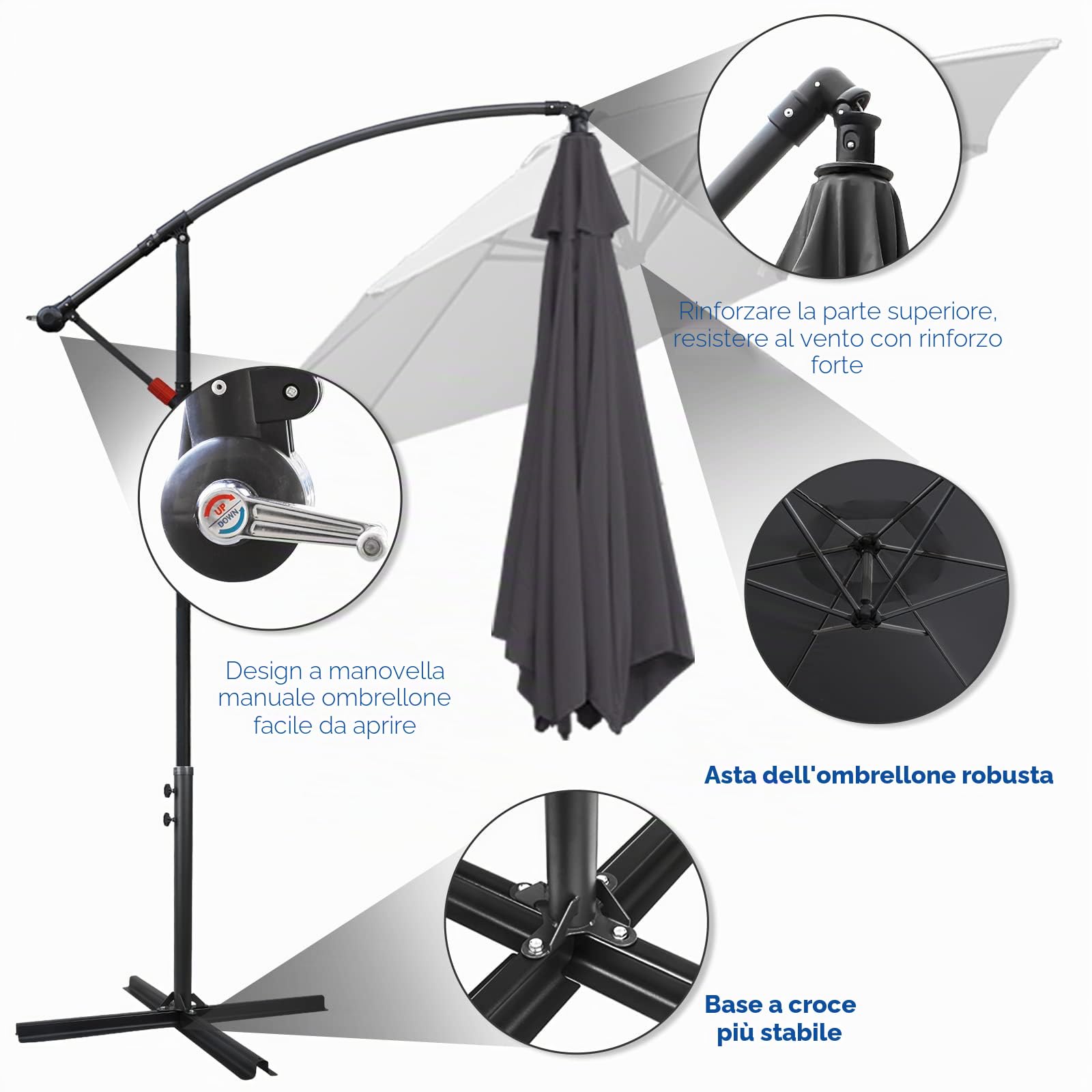 Ombrellone parasole a LED in alluminio Ø300/350cm con manovella, ombrellone con supporto, protezione solare dai raggi UV, in alluminio, per mercato, impermeabile