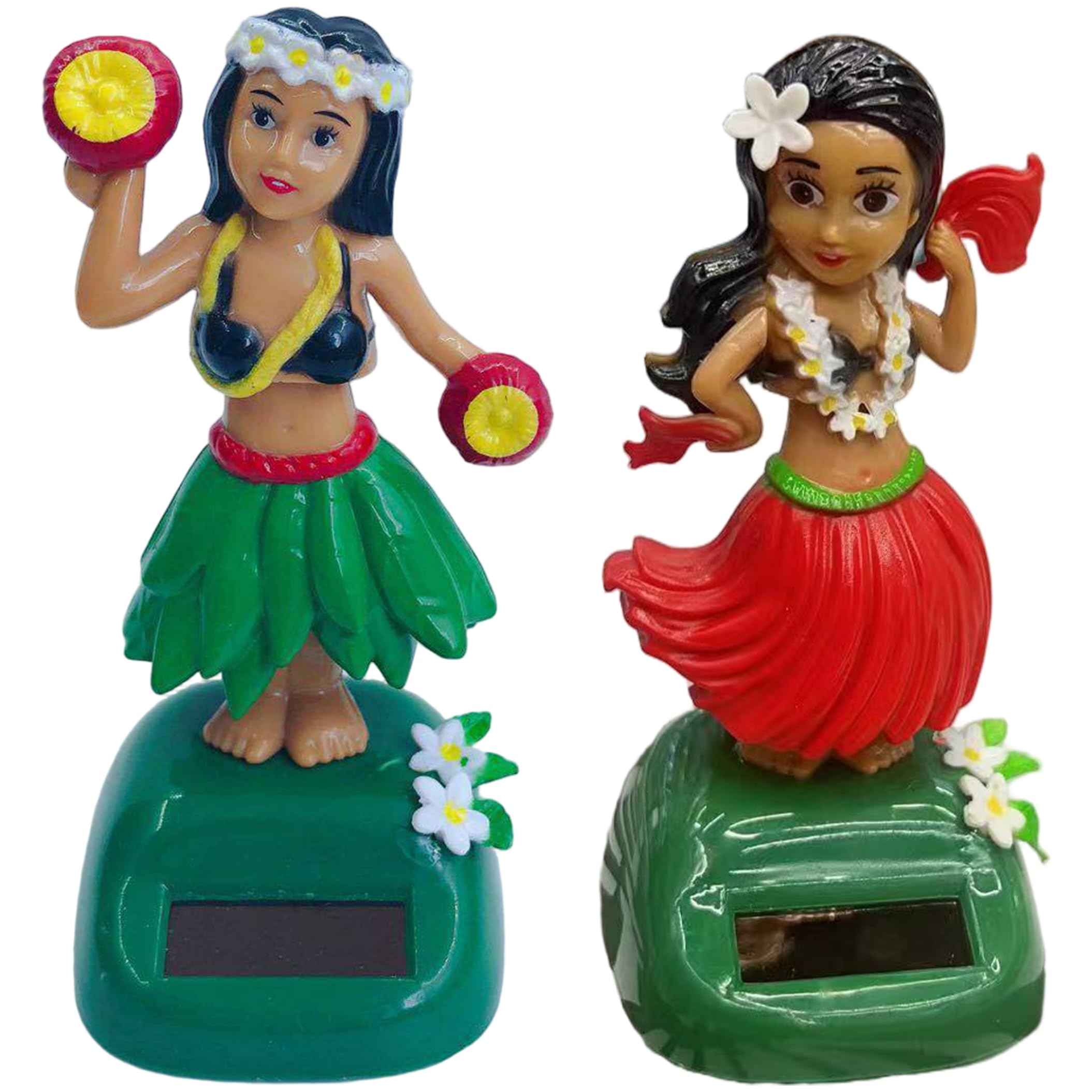 Wilafury 2Pcs Figure Doll Dashboard, Hawaiian Girl Shaking Bobblehead Dashboard Decoration, Solar-Powered Dashboards Accessories, 6x6.5x11.5cm, Green & Red