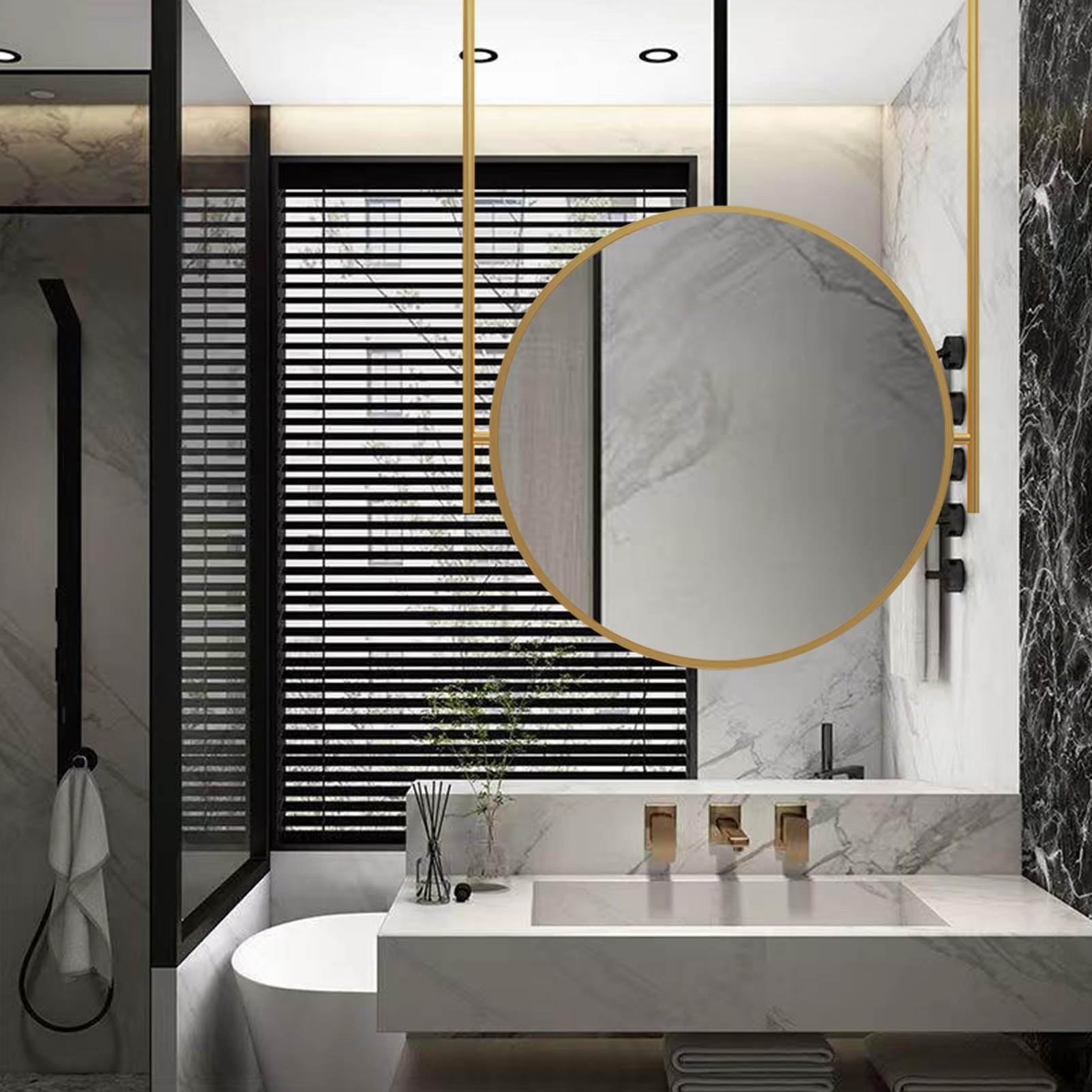 Złote okrągłe lustro do sufitu wiszącego do łazienki, salonu, sypialni, luster z metalową ramą i podwójnym prętem, pływające lustro dostosowywane(Diameter-40CM/15.7INCH)