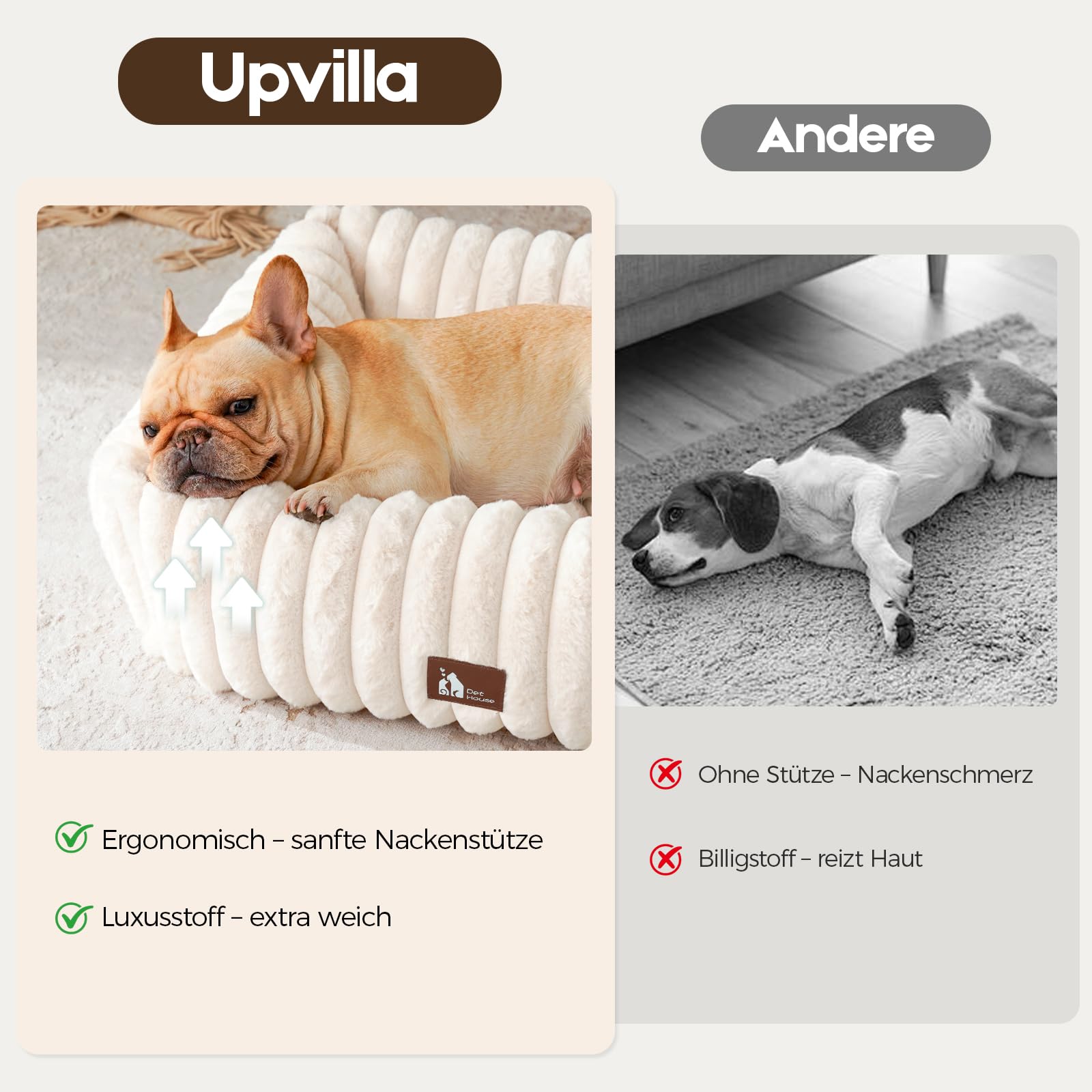 Upvilla Luxusweicher Hundekorb, Katzenbett, Super Weiches Hundebett kleine Hunde, 4-seitiges Nackenkissen, Abnehmbare Waschbare Hundematte, Hundesofa mit Griffen, Haustierbett (Beige, 64 * 53 * 18cm)