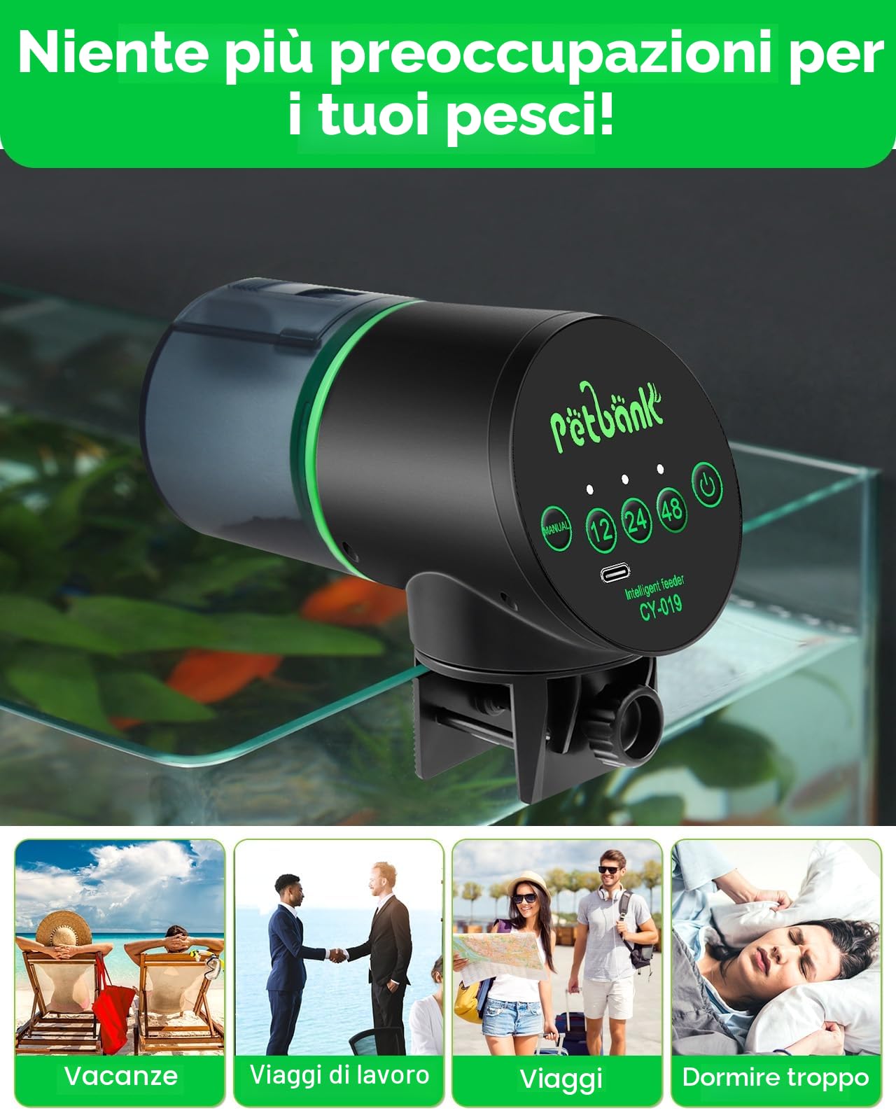 Mangiatoia Automatica Acquario - Mangiatoia Pesci Intervallo di alimentazione del pesce facile da impostare 12/24/48 ore con Cavo di USB Charger, Dispenser Cibo Pesci Automatico, Nero