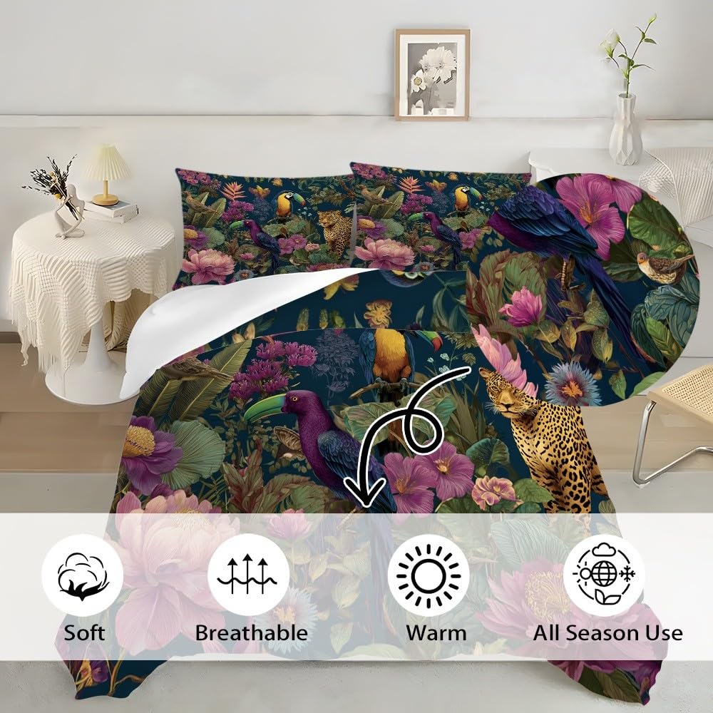 Pościel 240 x 220 cm, tropikalna pościel z motywem gepardu, papugi, kwiaty, 100% mikrofibra, nie wymaga prasowania, nie gniecie się, można prać w pralce, kolorowa, dwustronna, z poszewką na poduszkę